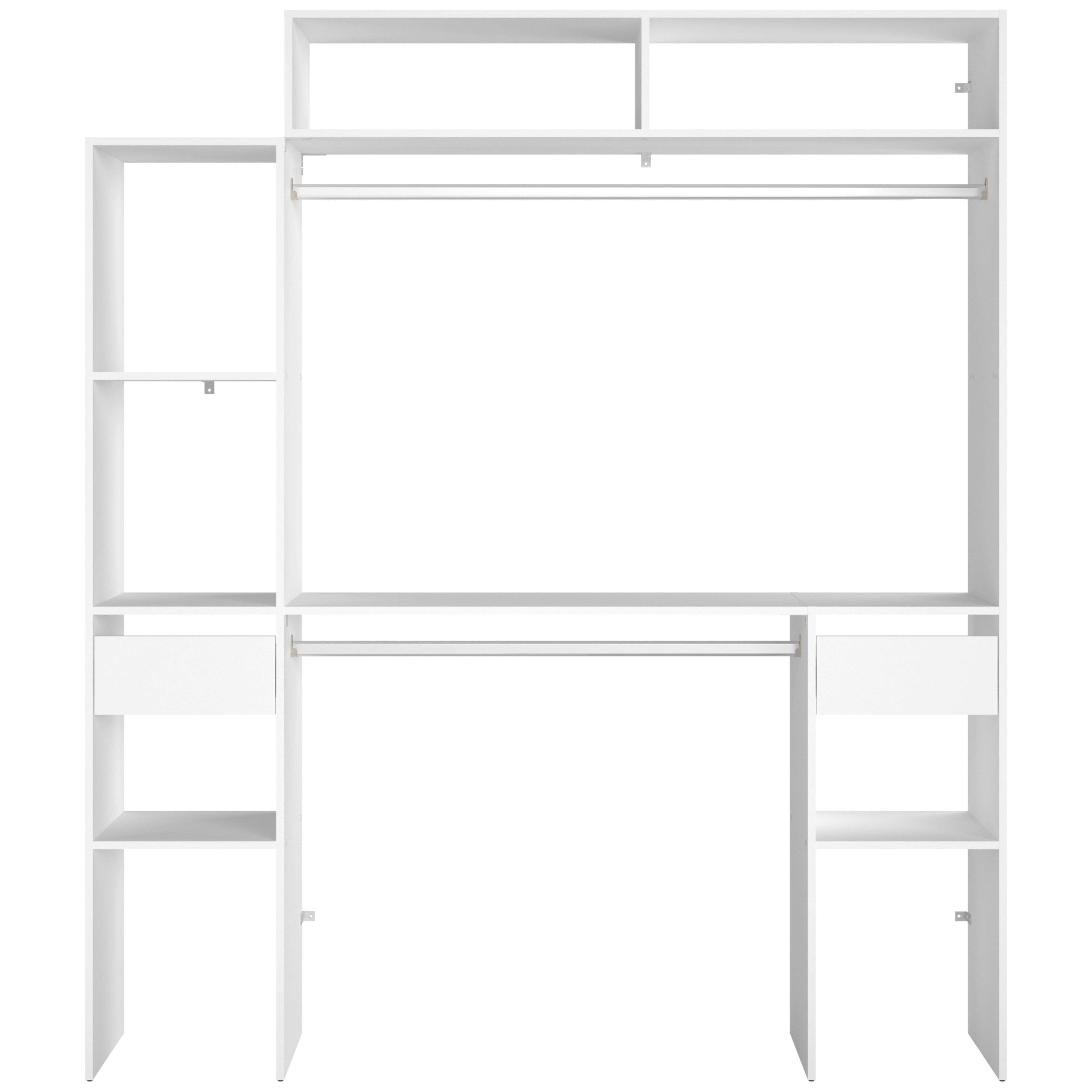 Un estante blanco con barra de ropa, cajones y compartimentos abiertos.