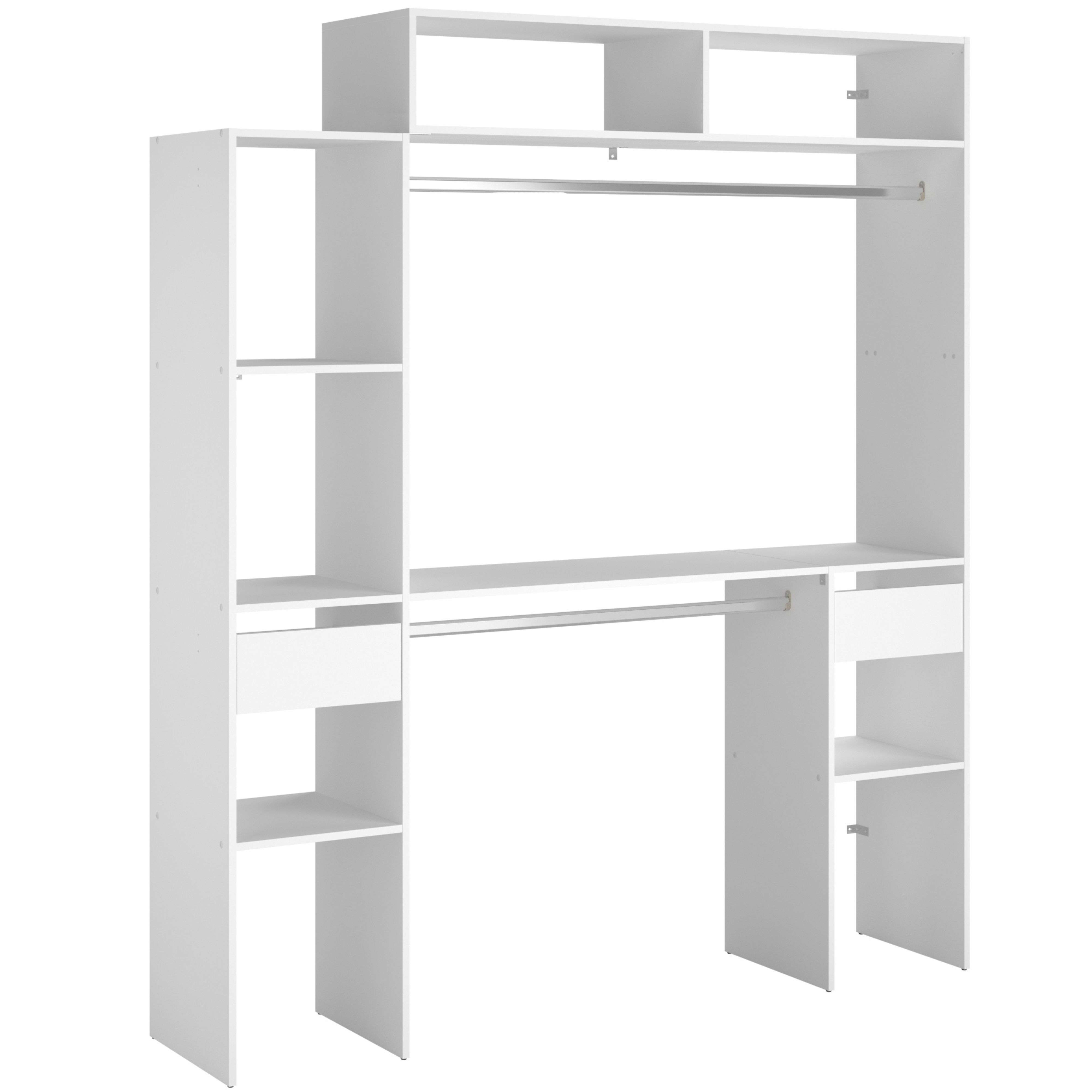 Estantería blanca con barras para colgar y cajones.