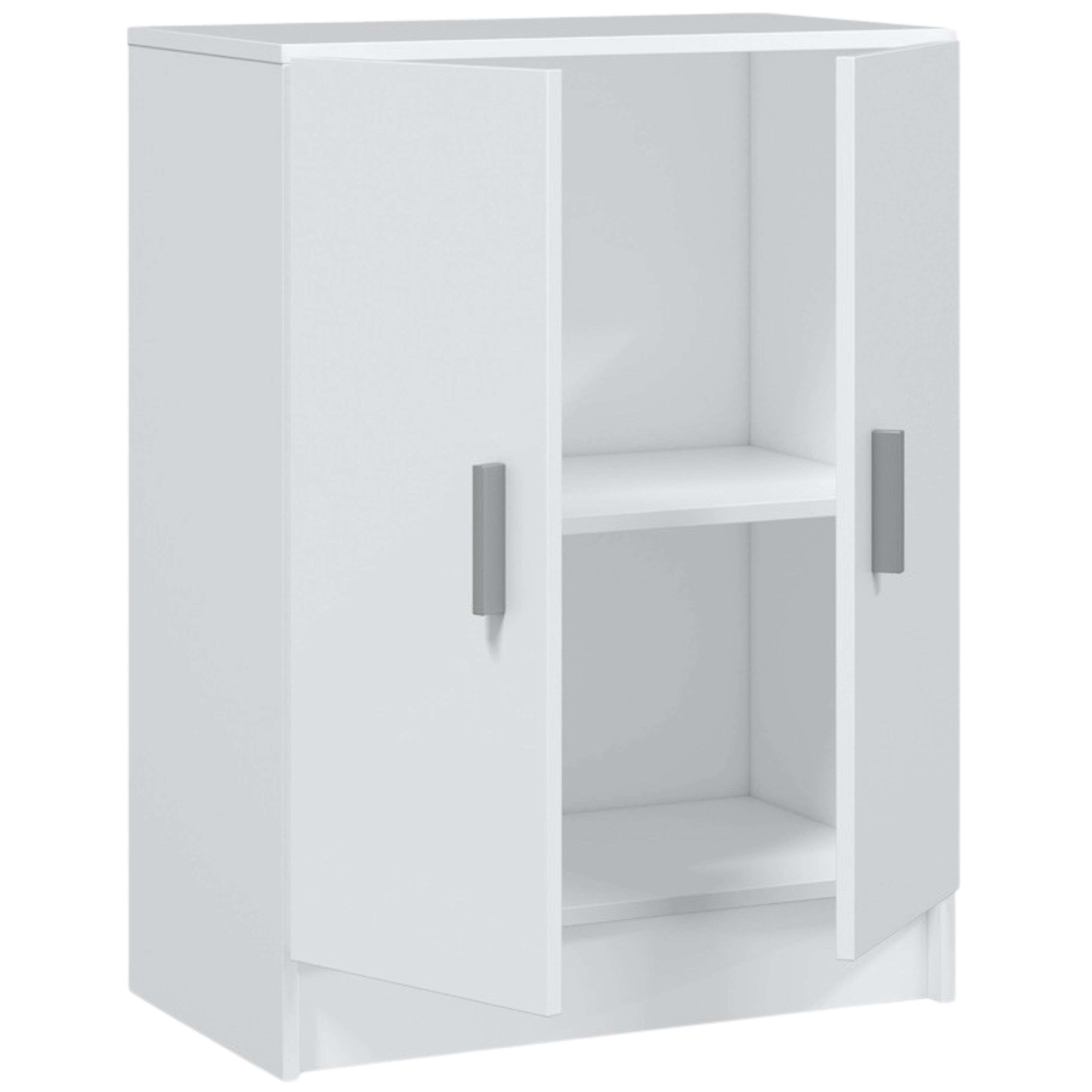 Un armario blanco con dos puertas y dos estantes.