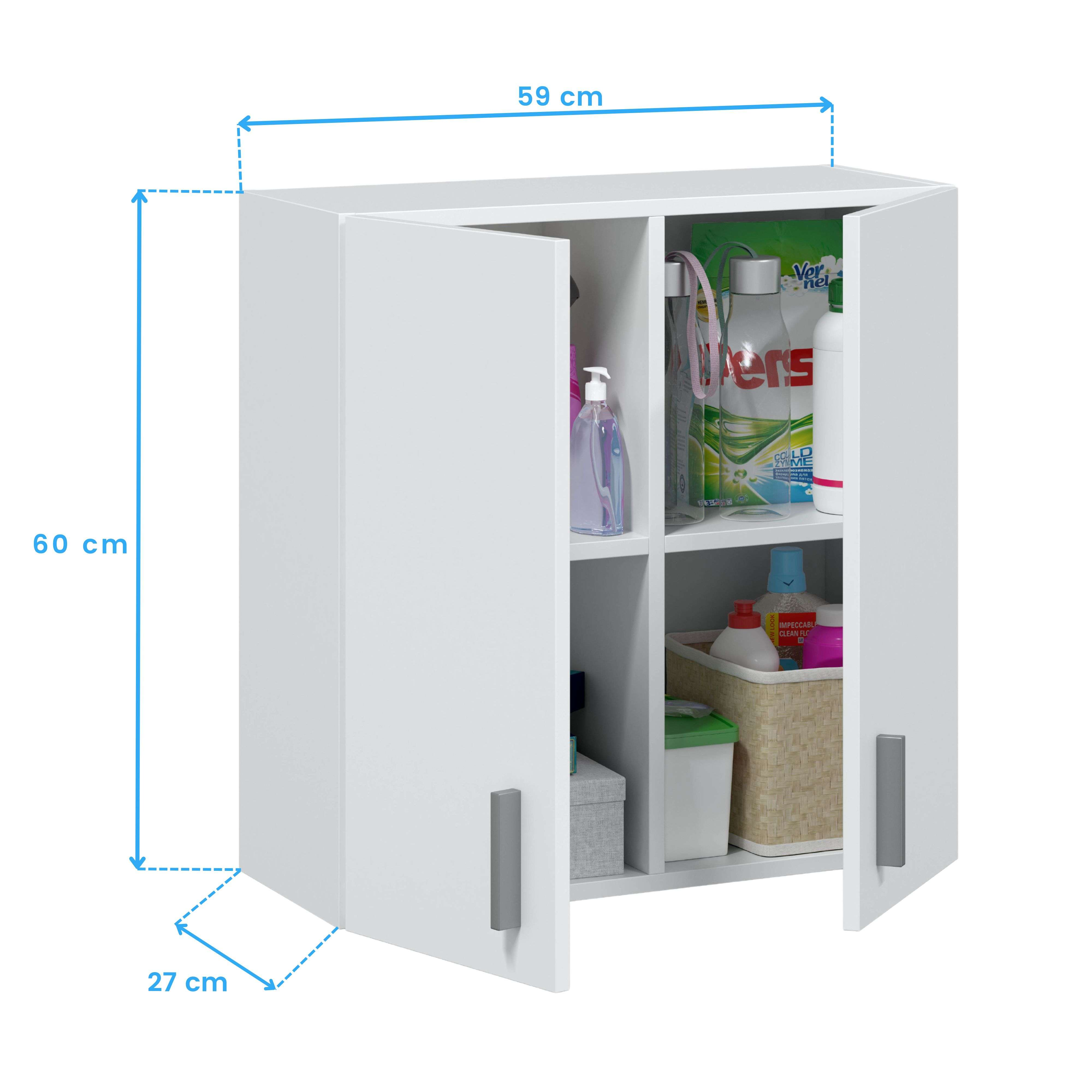 Un armario blanco con puertas abiertas, lleno de productos de limpieza.