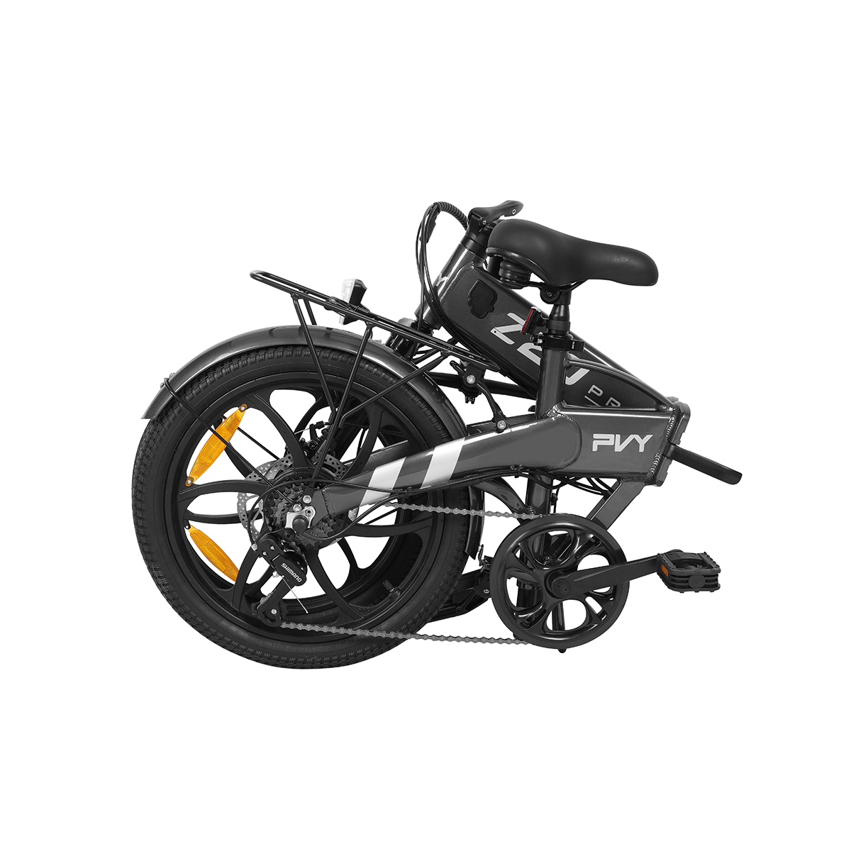 Złożony szary rower elektryczny z czarnymi kołami, siodełkiem i bagażnikiem. Białe tło.