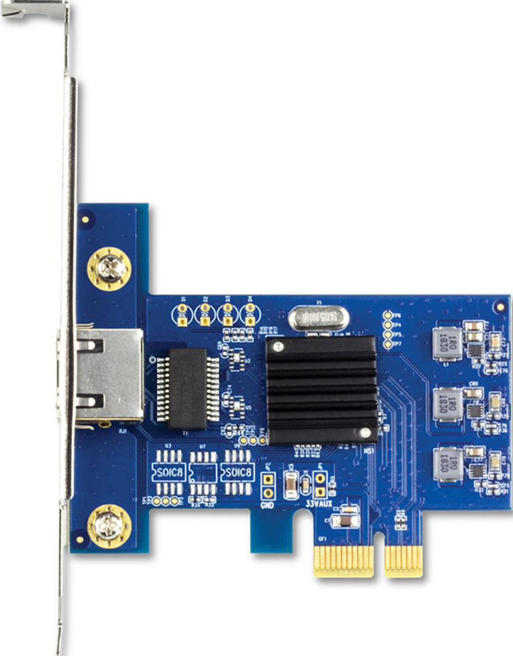 Eine blaue Leiterplatte mit einem Ethernet-Anschluss, Kühlkörper und Chips.