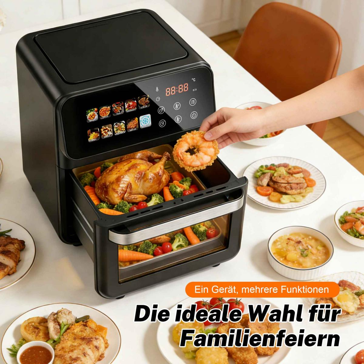 Ein schwarzer Heißluftfritteusen-Ofen mit Hähnchen und Gemüse, daneben eine Garnele.