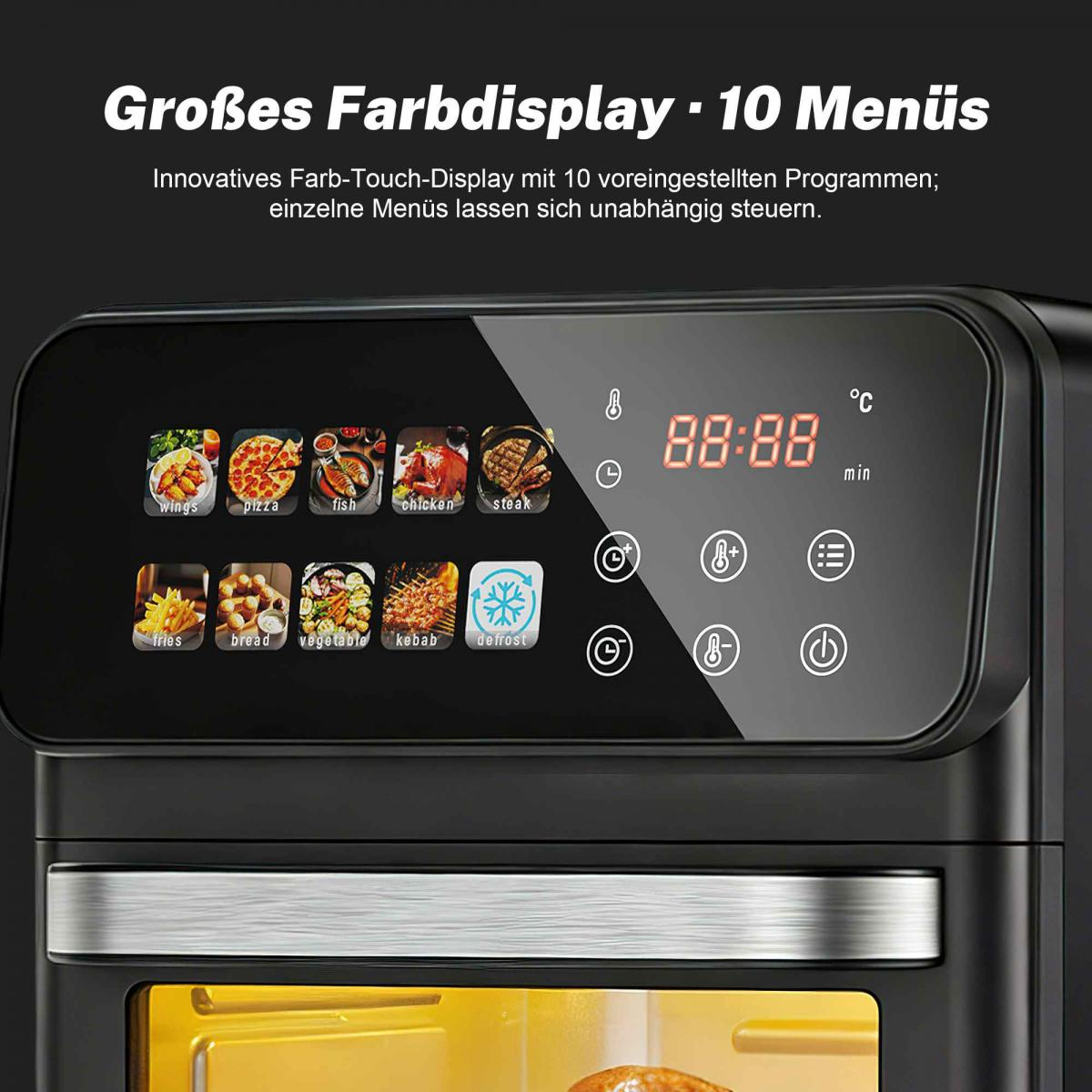 Großes Farbdisplay mit 10 Menüs: Wings, Pizza, Fisch, Huhn, Steak, Pommes, Brot, Gemüse, Kebab, Auftauen.