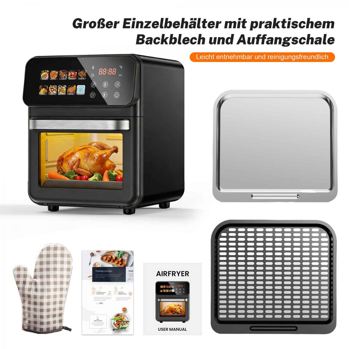 Ein schwarzer Airfryer mit gebratenem Huhn und Gemüse darin. Zubehör ist daneben.