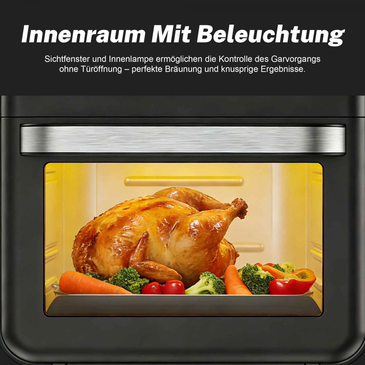 Ein Brathähnchen mit Gemüse in einem beleuchteten Ofen.