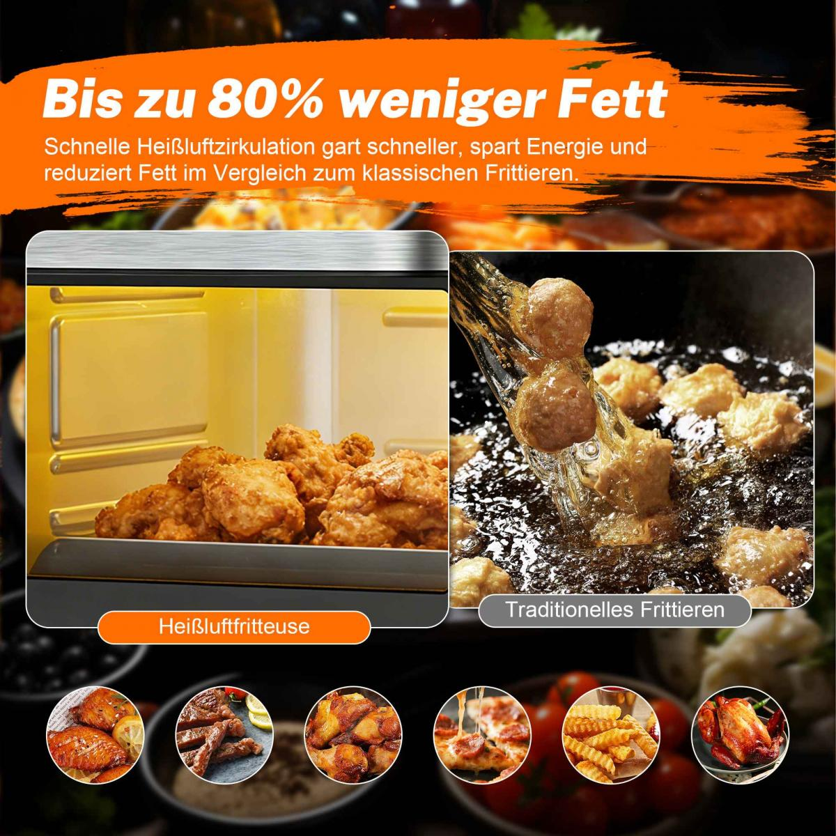Luftfritteuse mit knusprigem Hähnchen und Frittierkorb mit Bällchen.