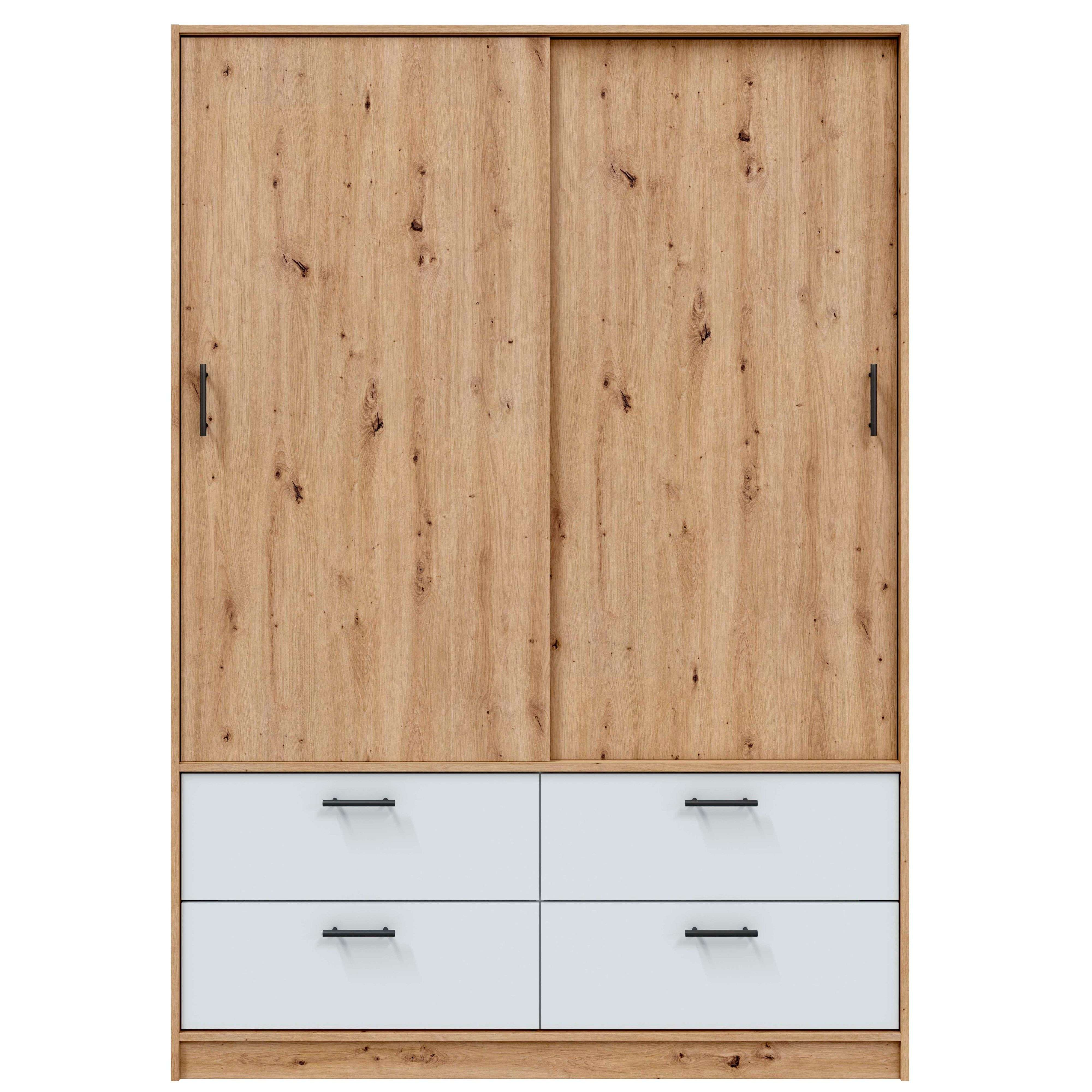 Un armario de madera con dos puertas correderas y cuatro cajones blancos.