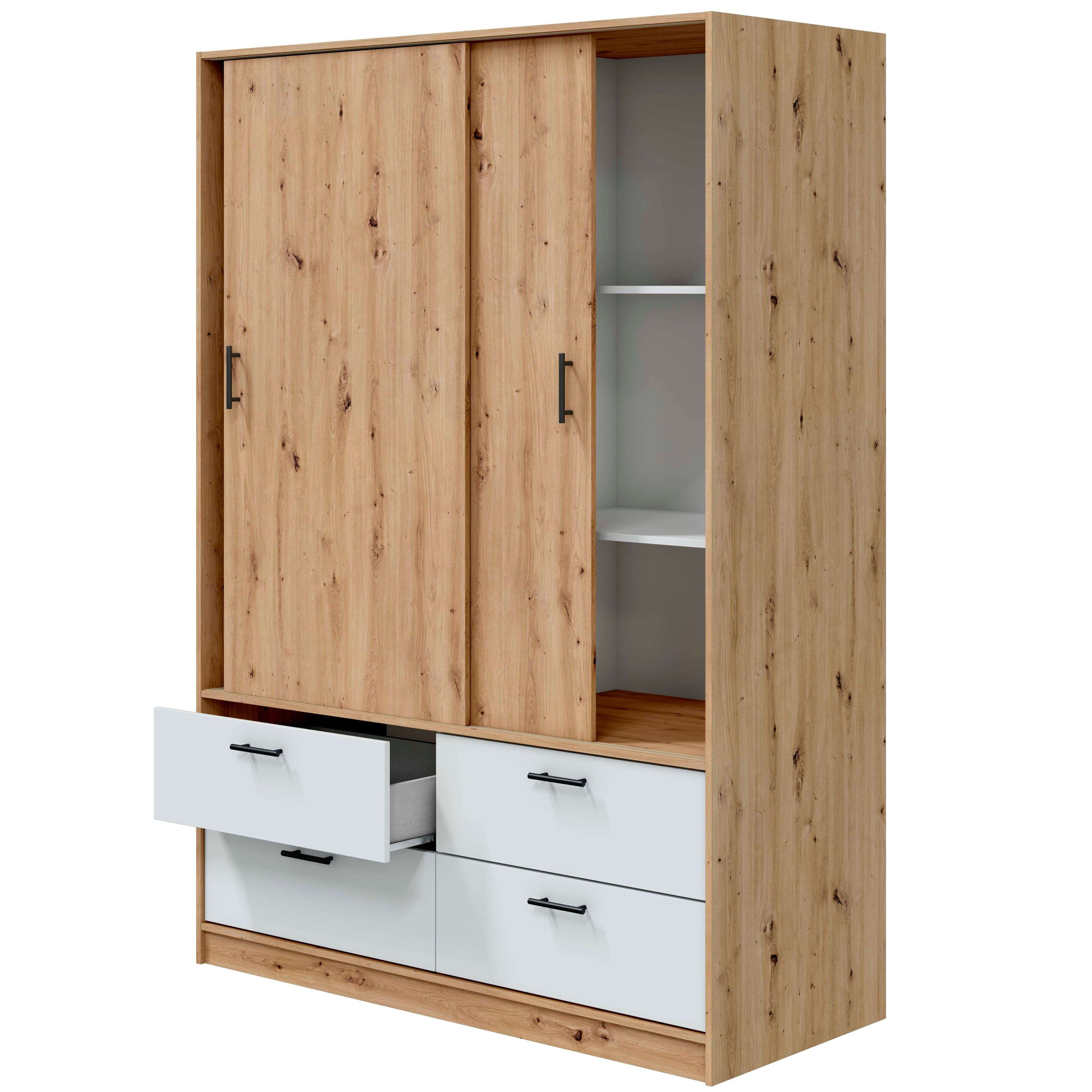 Un armario abierto con puertas de madera y cajones blancos.