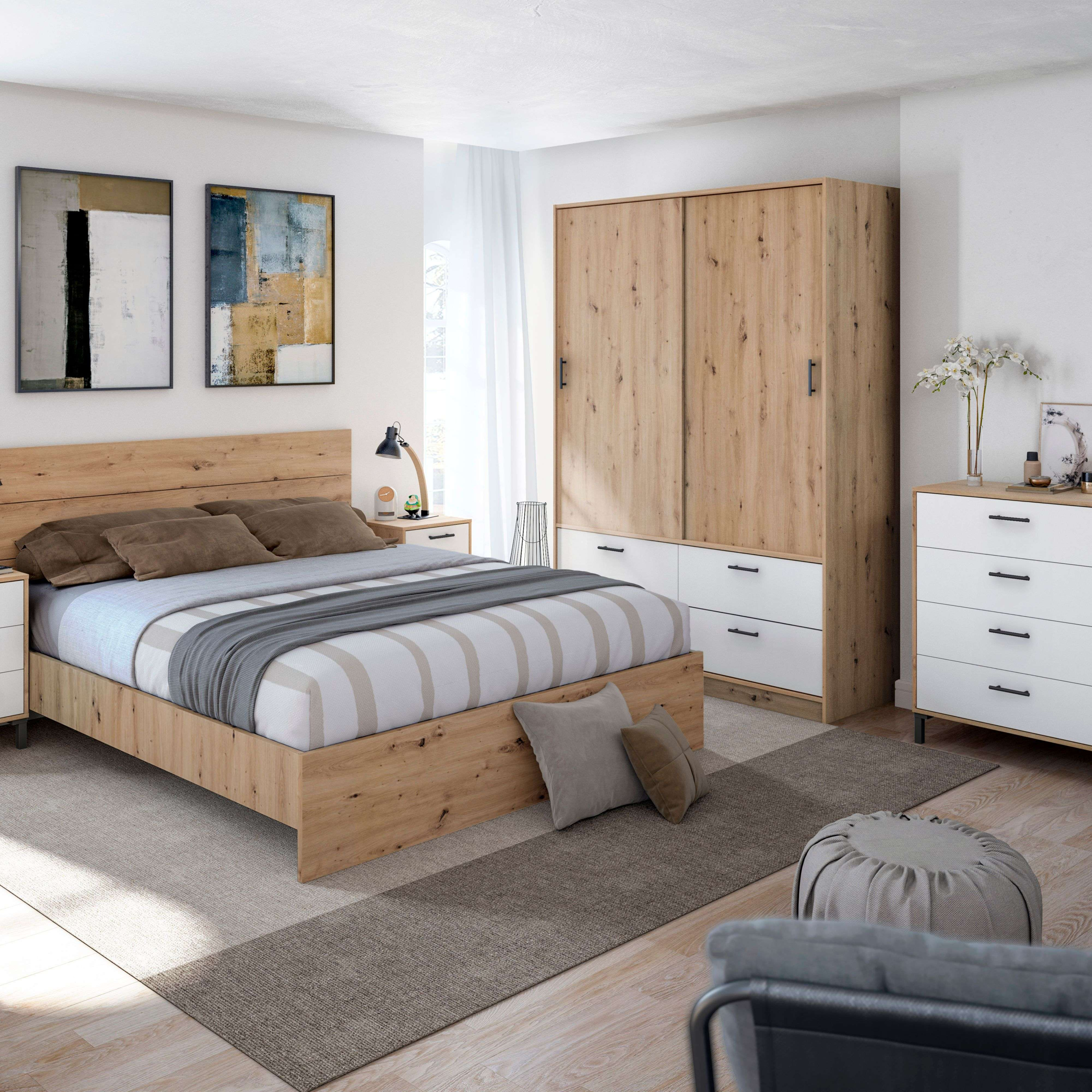 Dormitorio moderno con muebles de madera, cama, armario y cómoda.