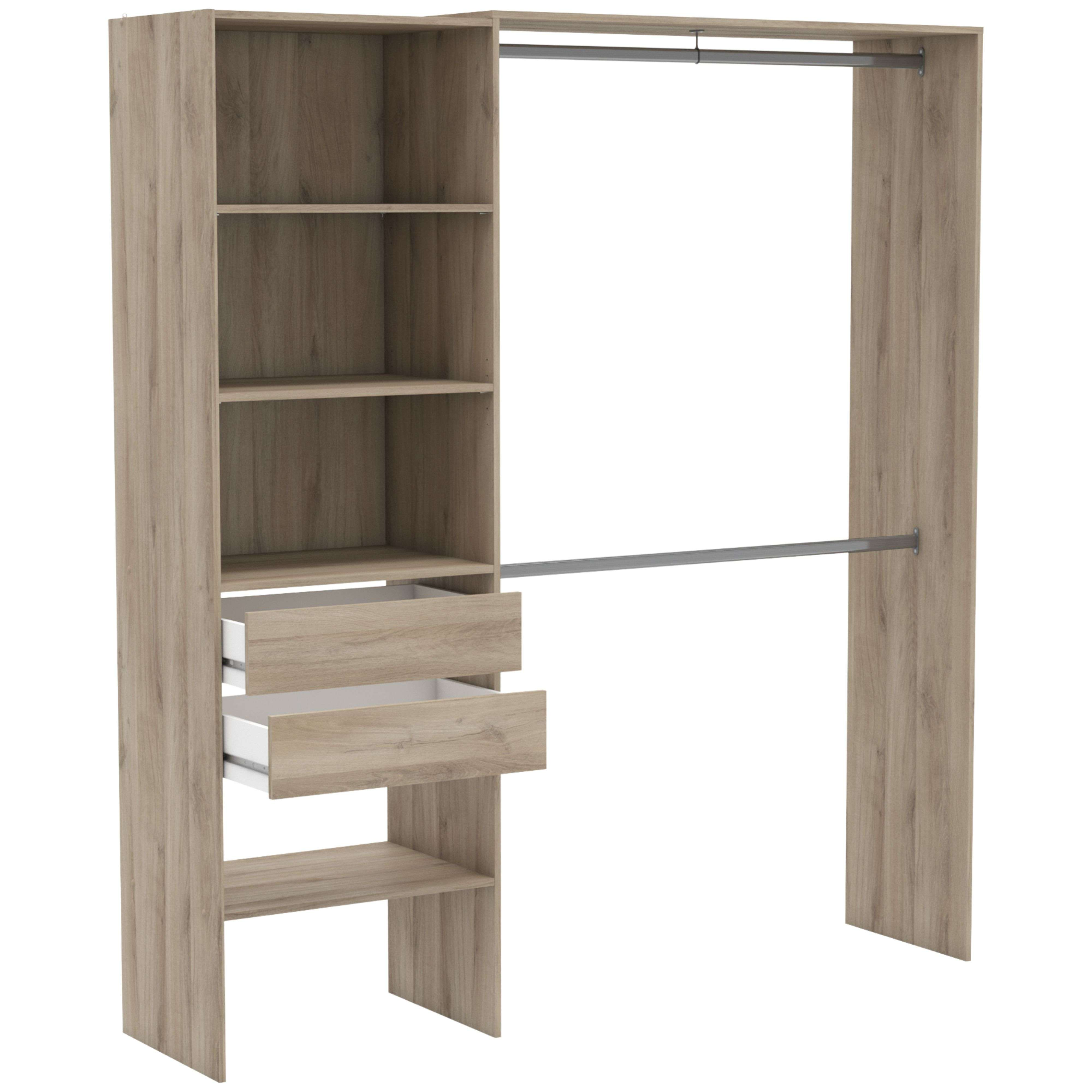 Un armario de madera con estantes y cajones, y barra para colgar.