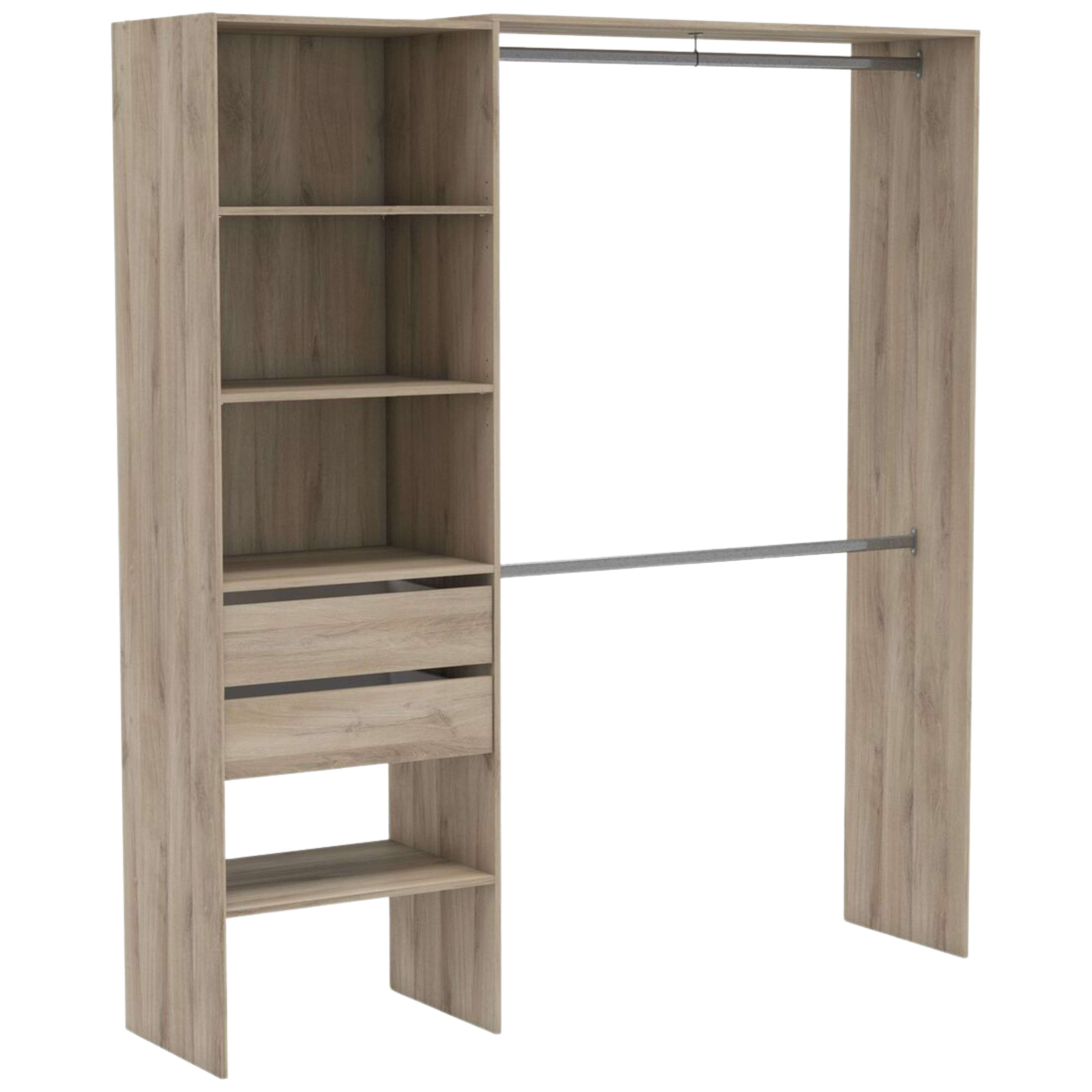 Armario de madera con estantes, cajones y barra para colgar.