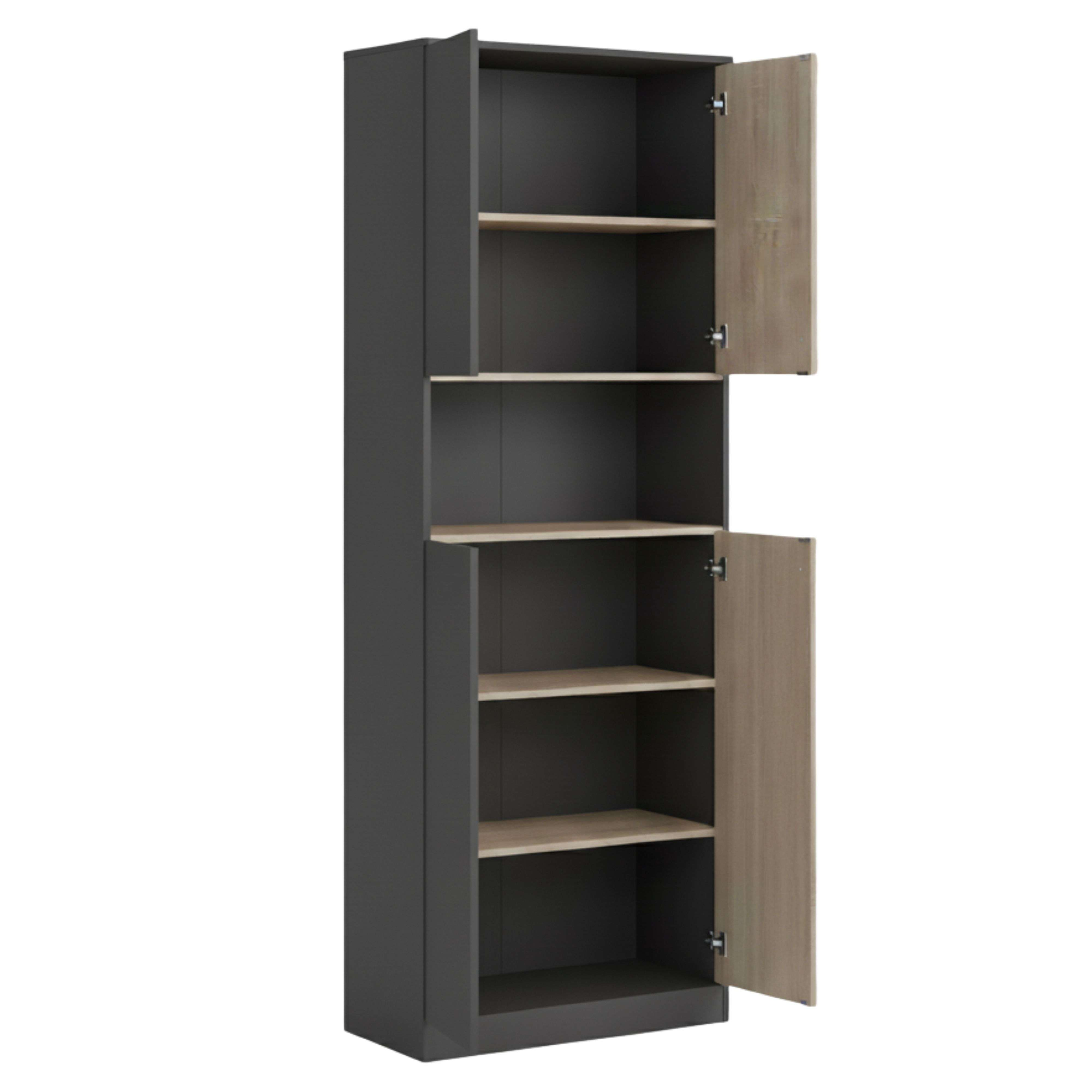 Armario alto gris oscuro con dos puertas abiertas marrones claras y tres estantes.