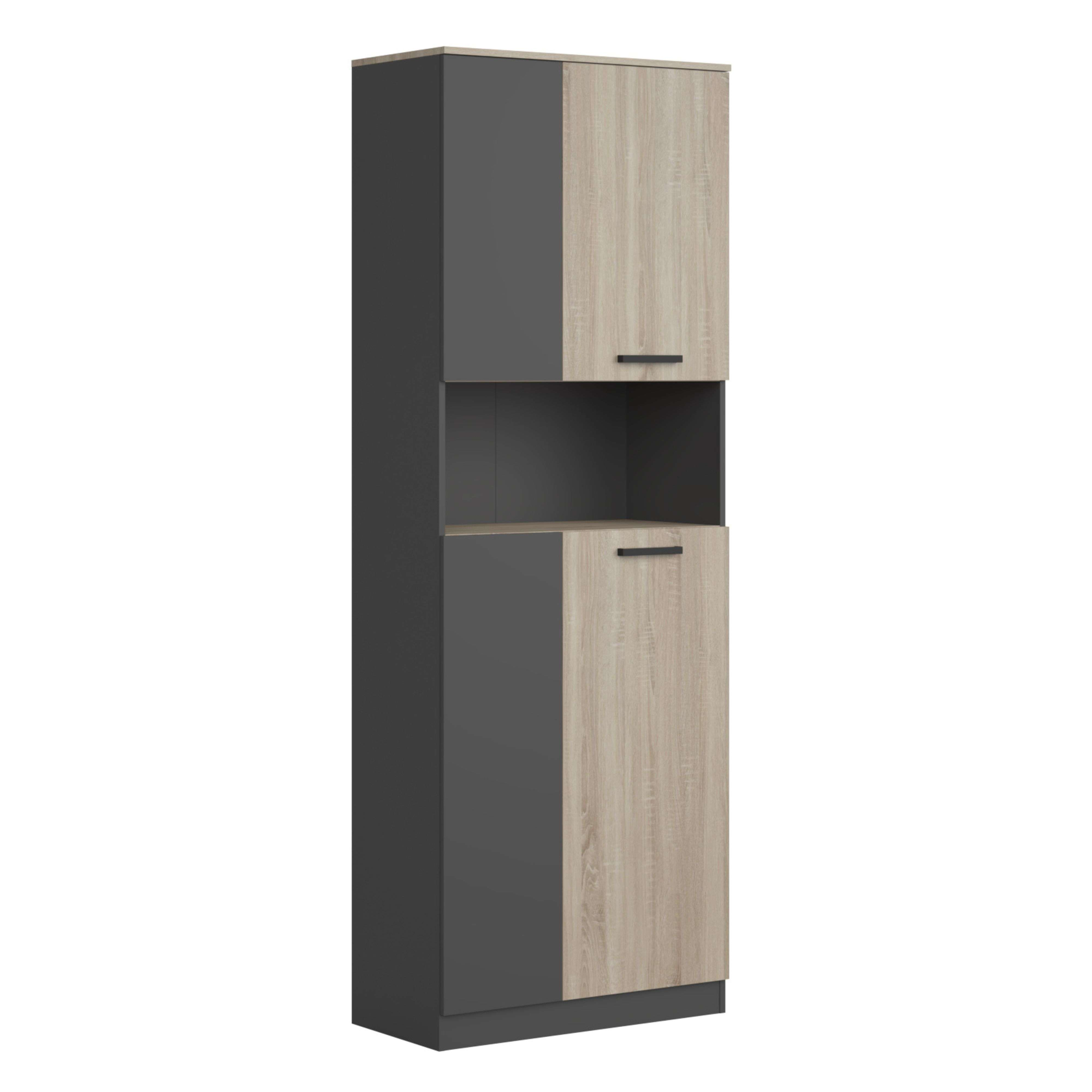 Un armario alto y estrecho con dos puertas, acabados en madera y gris.