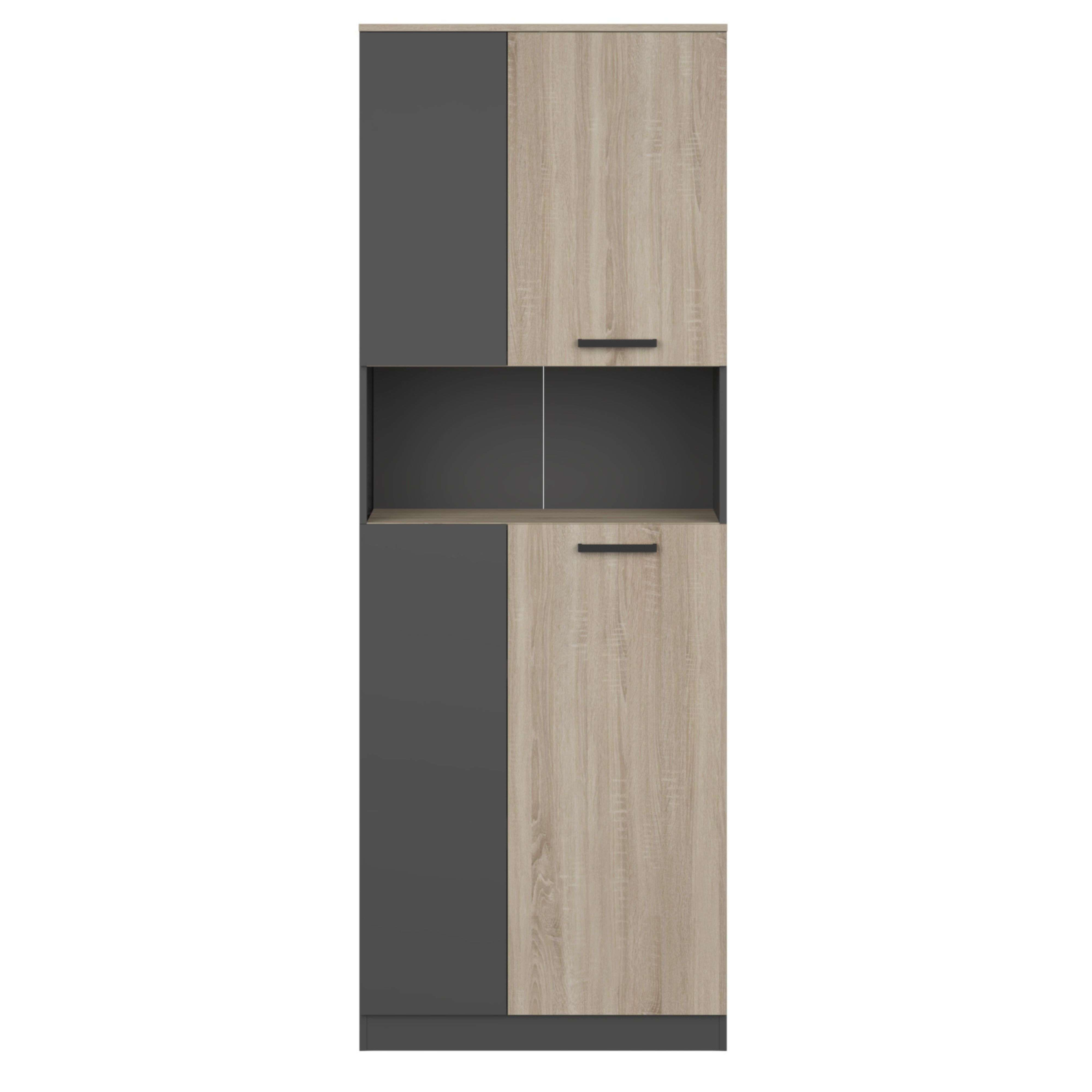 Armario alto con dos puertas, veta de madera y acabado gris oscuro.