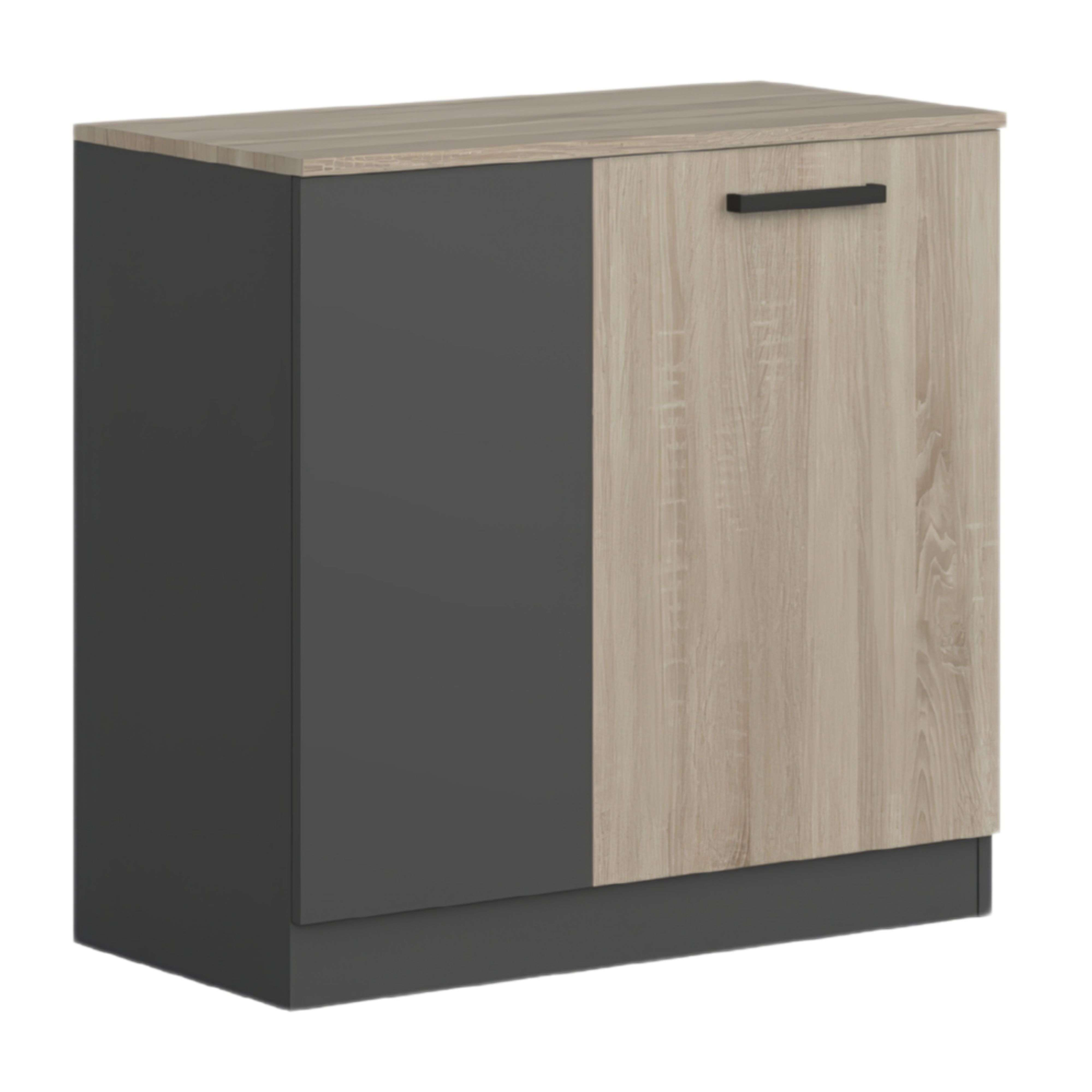 Un mueble bicolor con puerta izquierda oscura y puerta derecha de madera clara.
