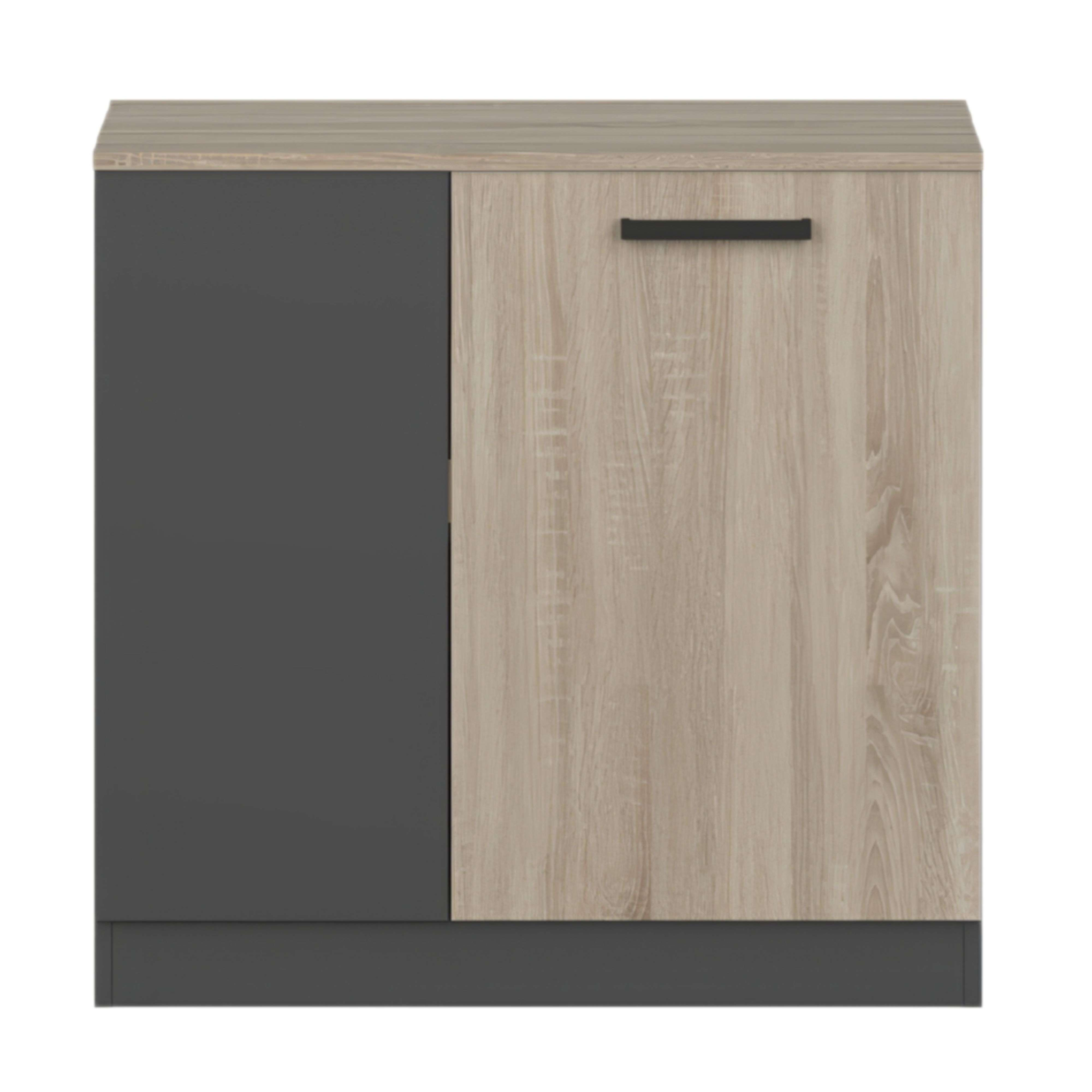 Un mueble bicolor con una puerta gris oscuro y otra de madera.