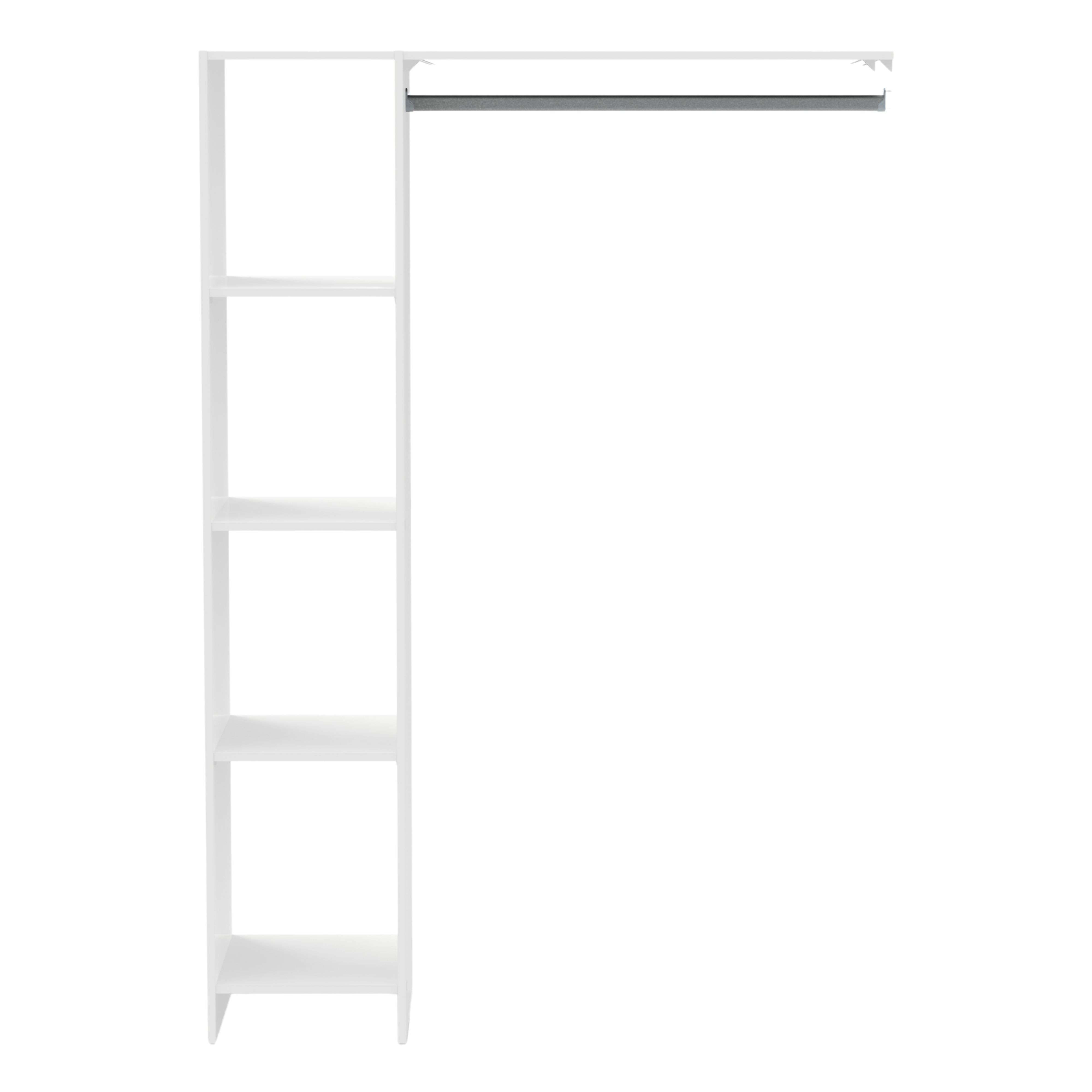 Un estante blanco con cuatro compartimentos y una barra para colgar.
