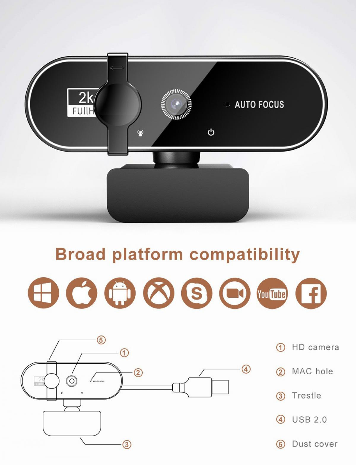 Eine 2K HD-Webcam mit Autofokus und breiter Plattformkompatibilität.