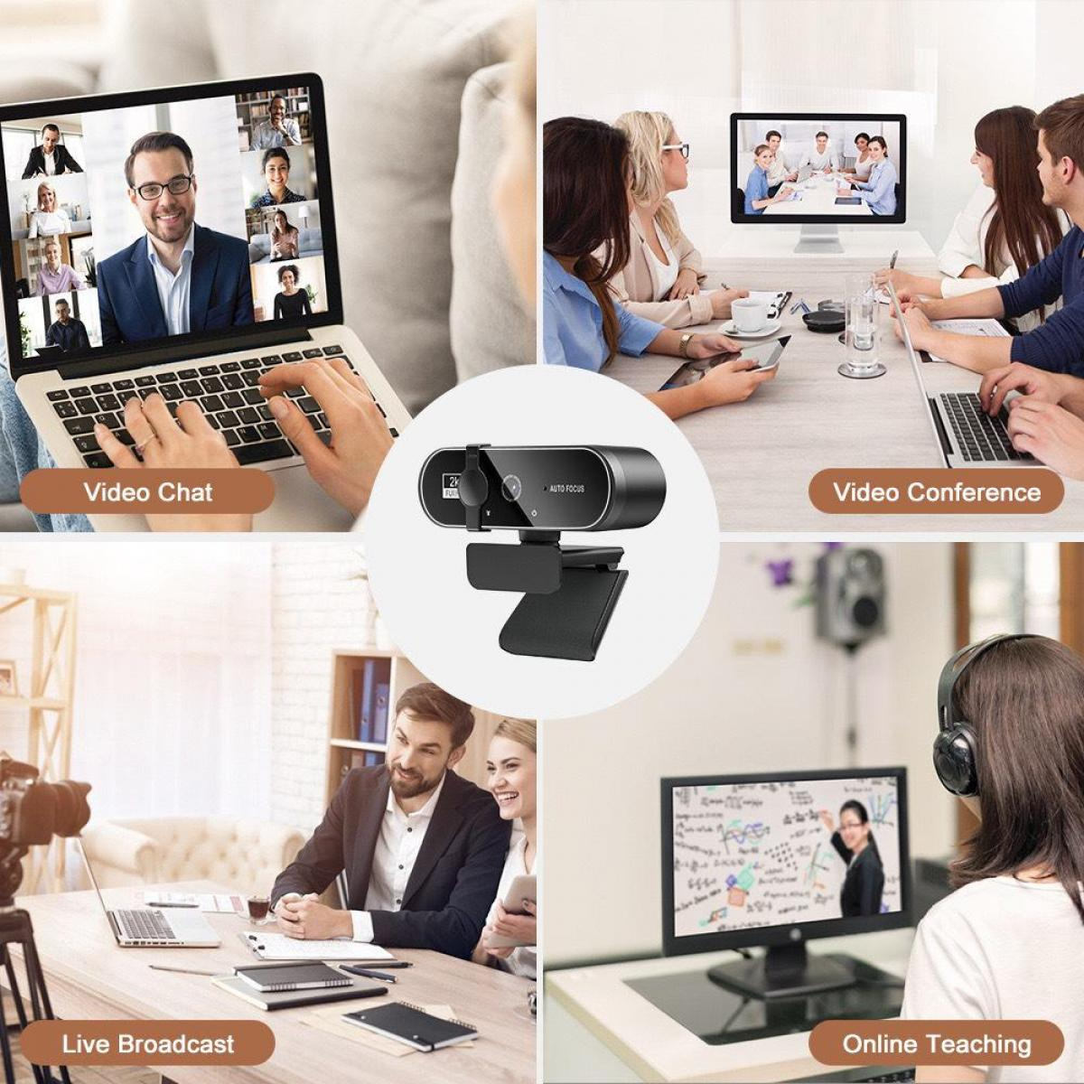 Collage aus vier Szenen: Video-Chat, Videokonferenz, Live-Übertragung und Online-Unterricht.