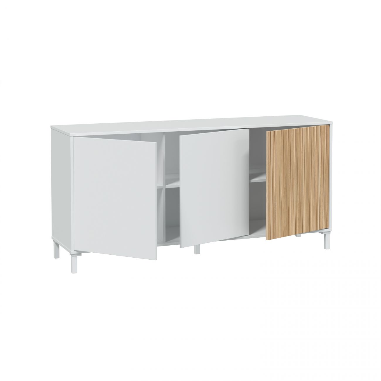 Un armario blanco con tres puertas, dos abiertas, una con veta de madera.