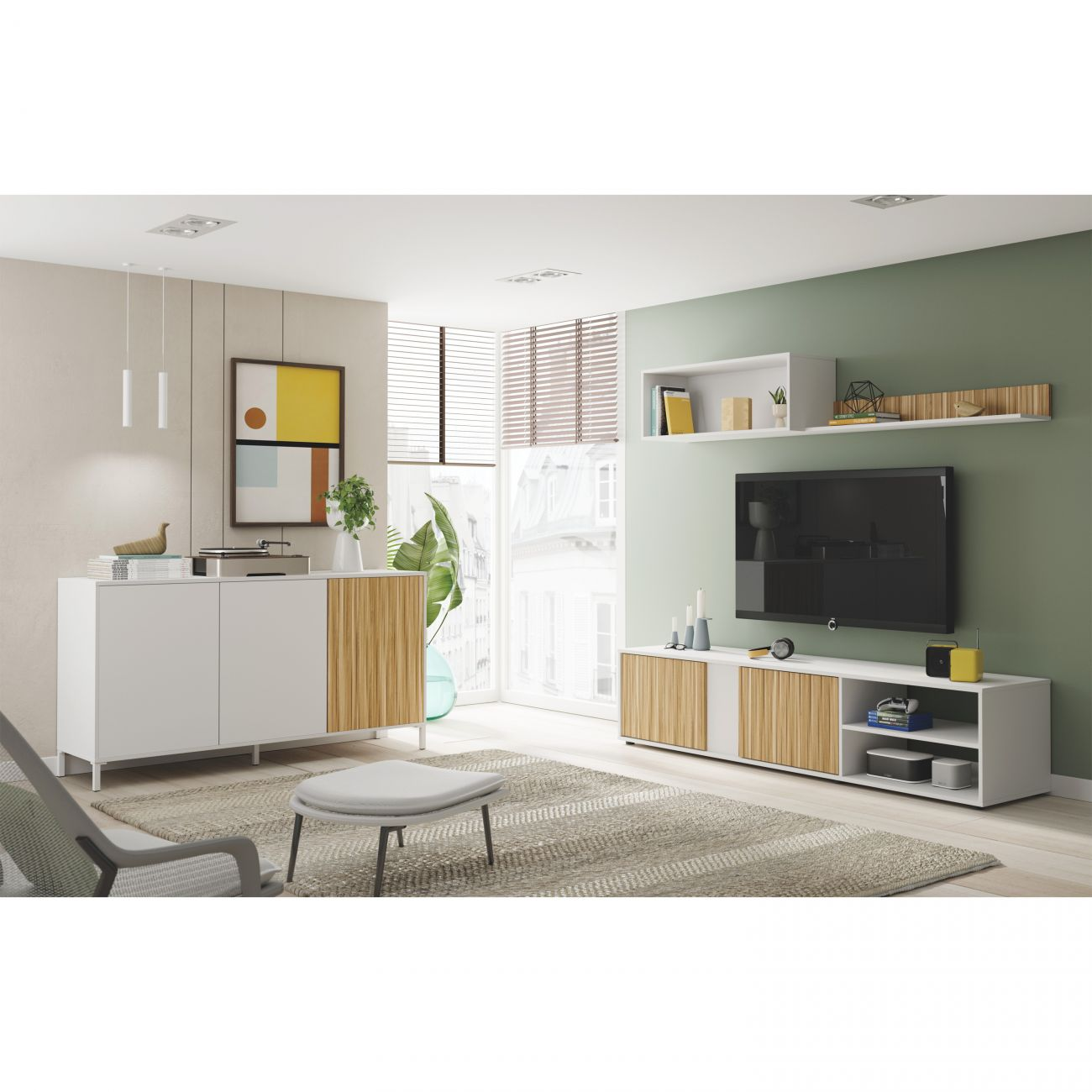 Sala de estar moderna con aparador blanco, mueble de TV y zona de asientos.