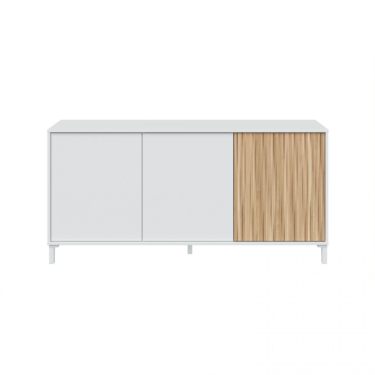 Un mueble blanco con detalles de madera y patas delgadas.