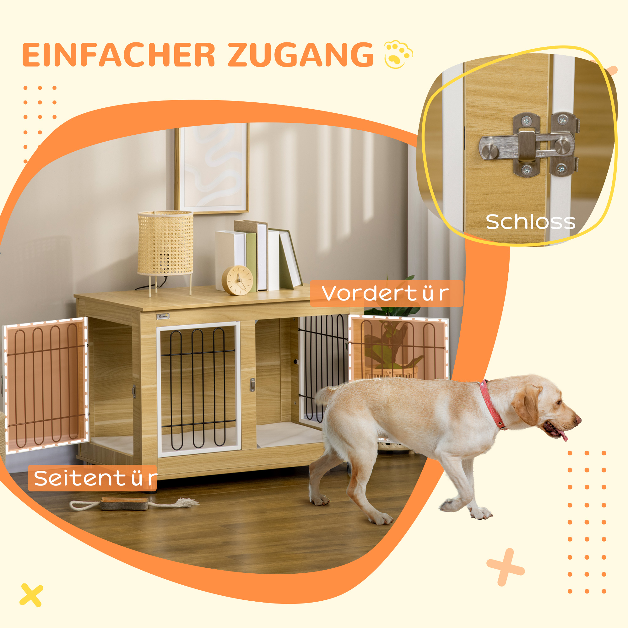 Ein Hund geht an einem Holzkäfig mit Türen und einem Schloss vorbei.