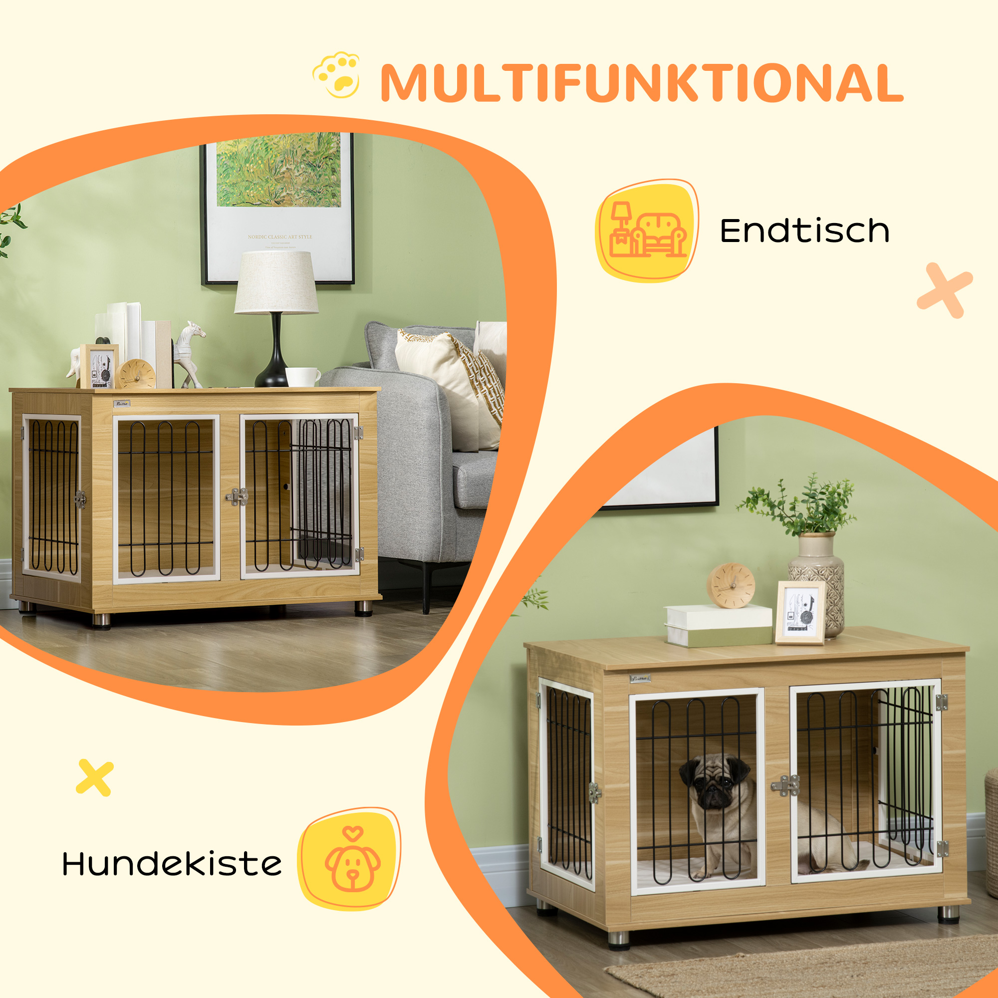 Doppelter Hundekäfig aus hellem Holz mit schwarzen Gittern, einem Mops darin.