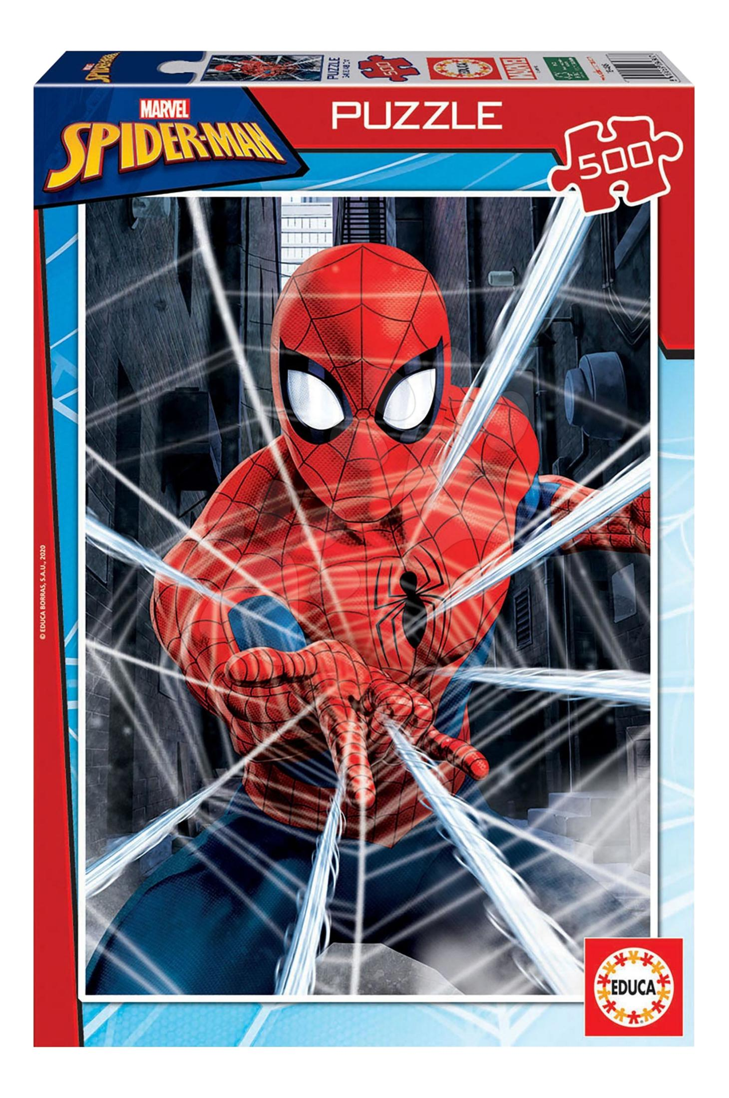 Spider-Man strzela pajęczynami w miejskiej scenerii. Na górze widnieje napis 'Spider-Man Puzzle 500'.