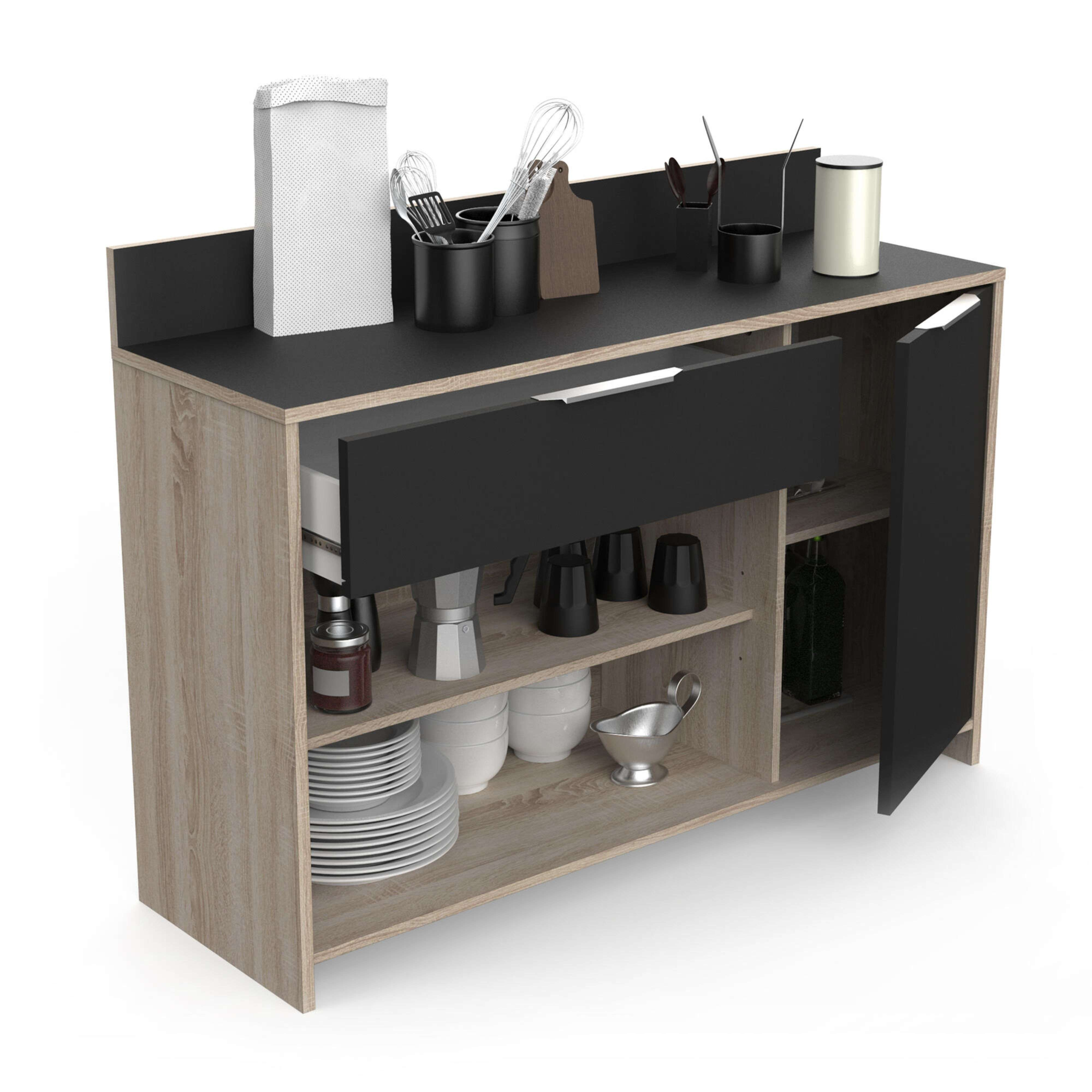 Armario de cocina con estante abierto, cajón y puerta, lleno de platos y utensilios.