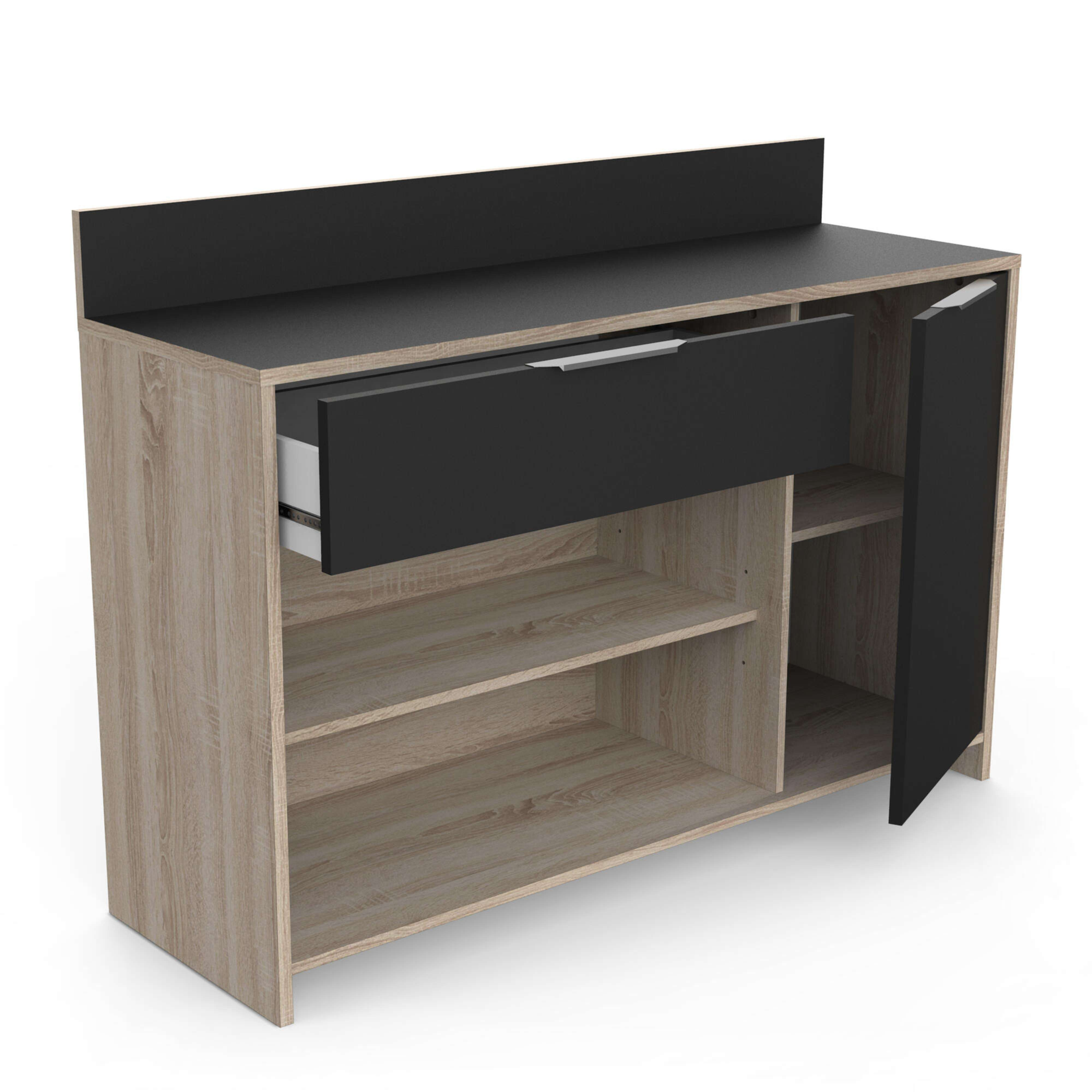 Un aparador de madera con cajón y puerta abiertos, con detalles negros.
