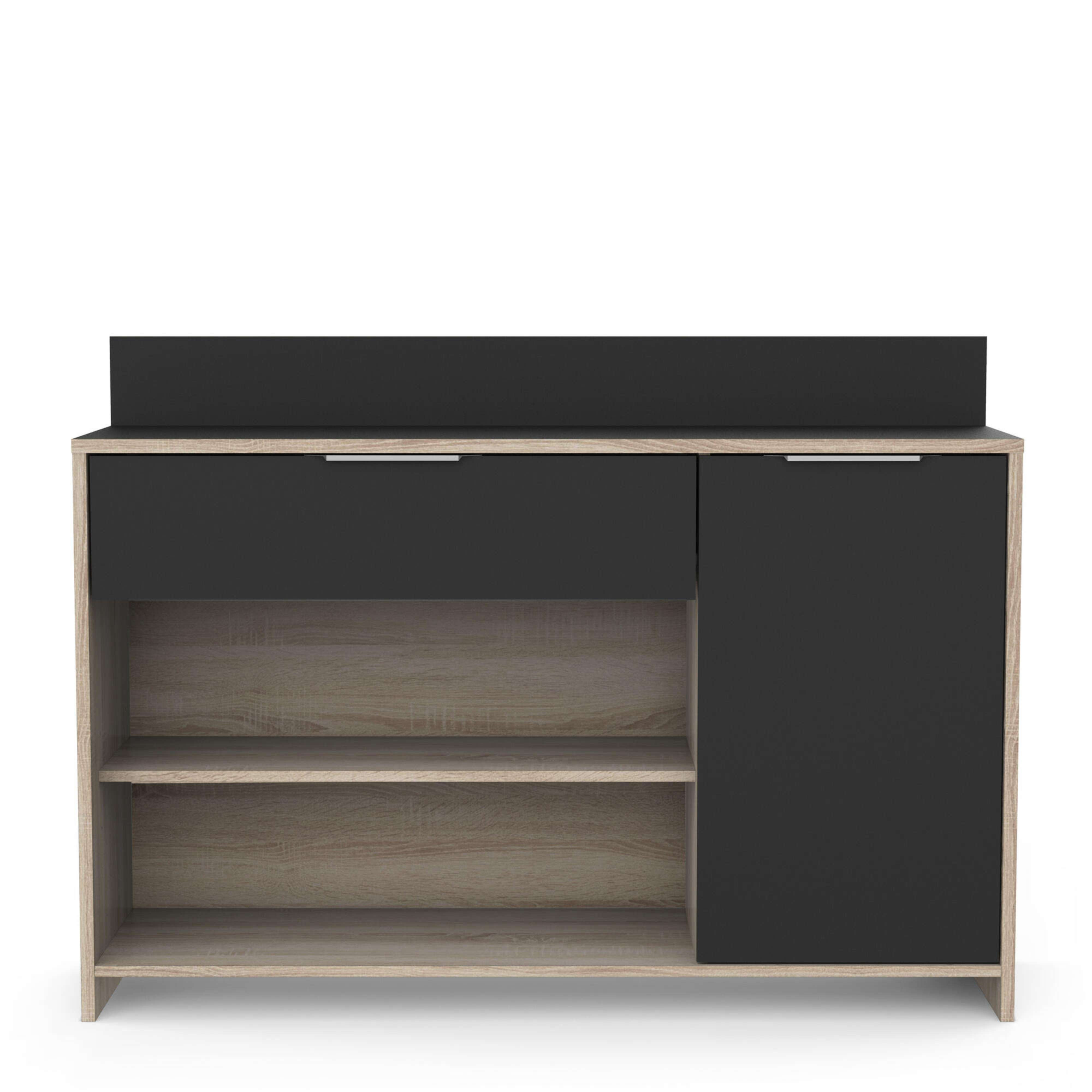 Un mueble negro con detalles de madera, tres estantes abiertos y una puerta.