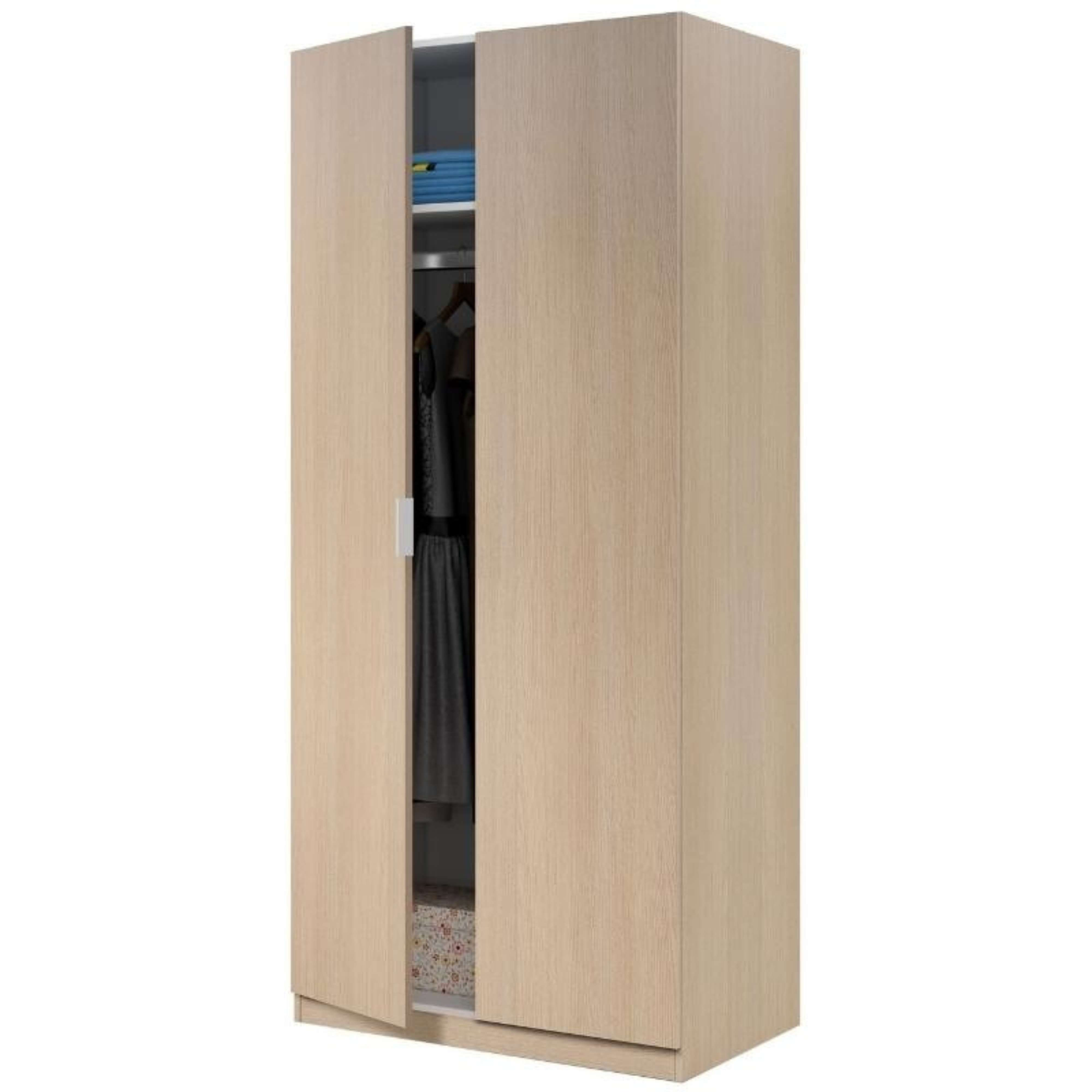 Un armario de madera clara con una puerta abierta, mostrando ropa y telas dobladas.