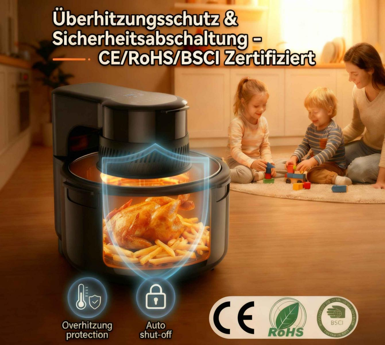Ein Hähnchen und Pommes in einem Airfryer, daneben eine Familie.