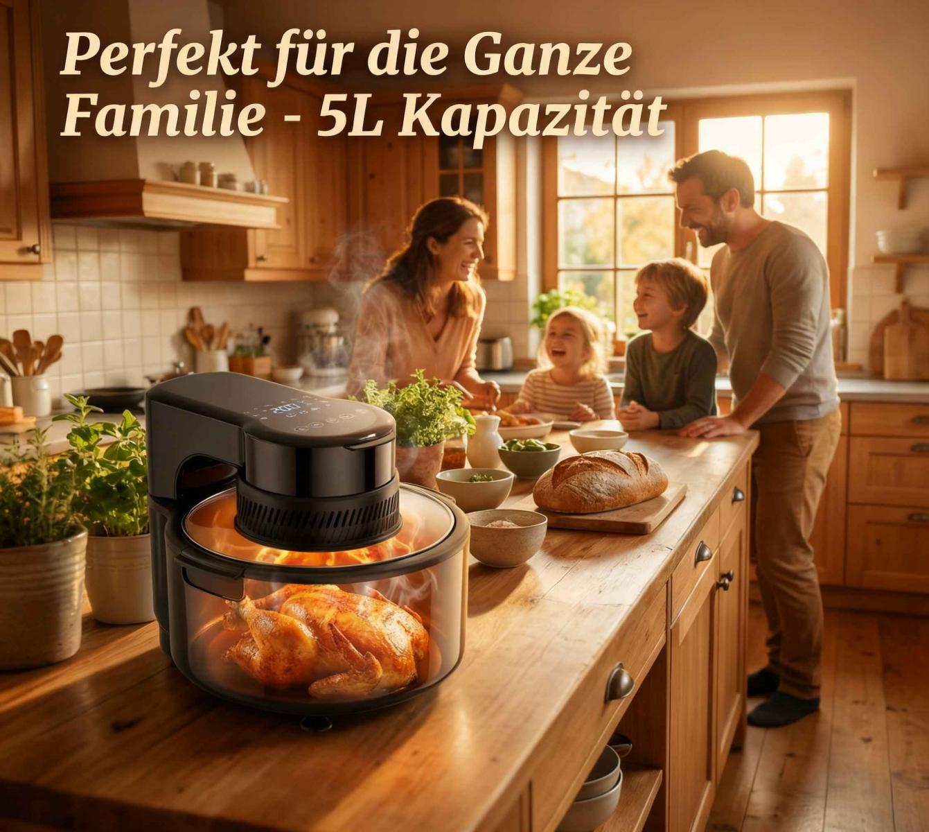 Ein Brathähnchen in einem Airfryer, eine Familie in der Küche.