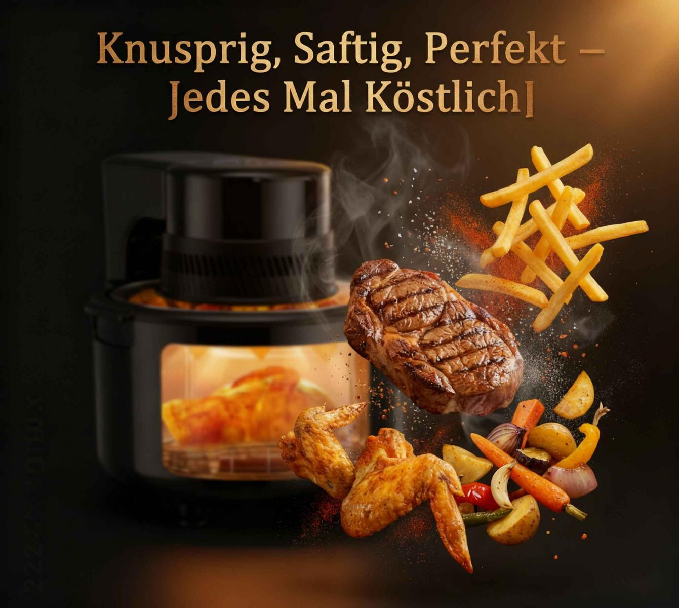 Ein Steak fliegt mit Pommes, Hähnchenflügeln und Gemüse aus einem Airfryer.