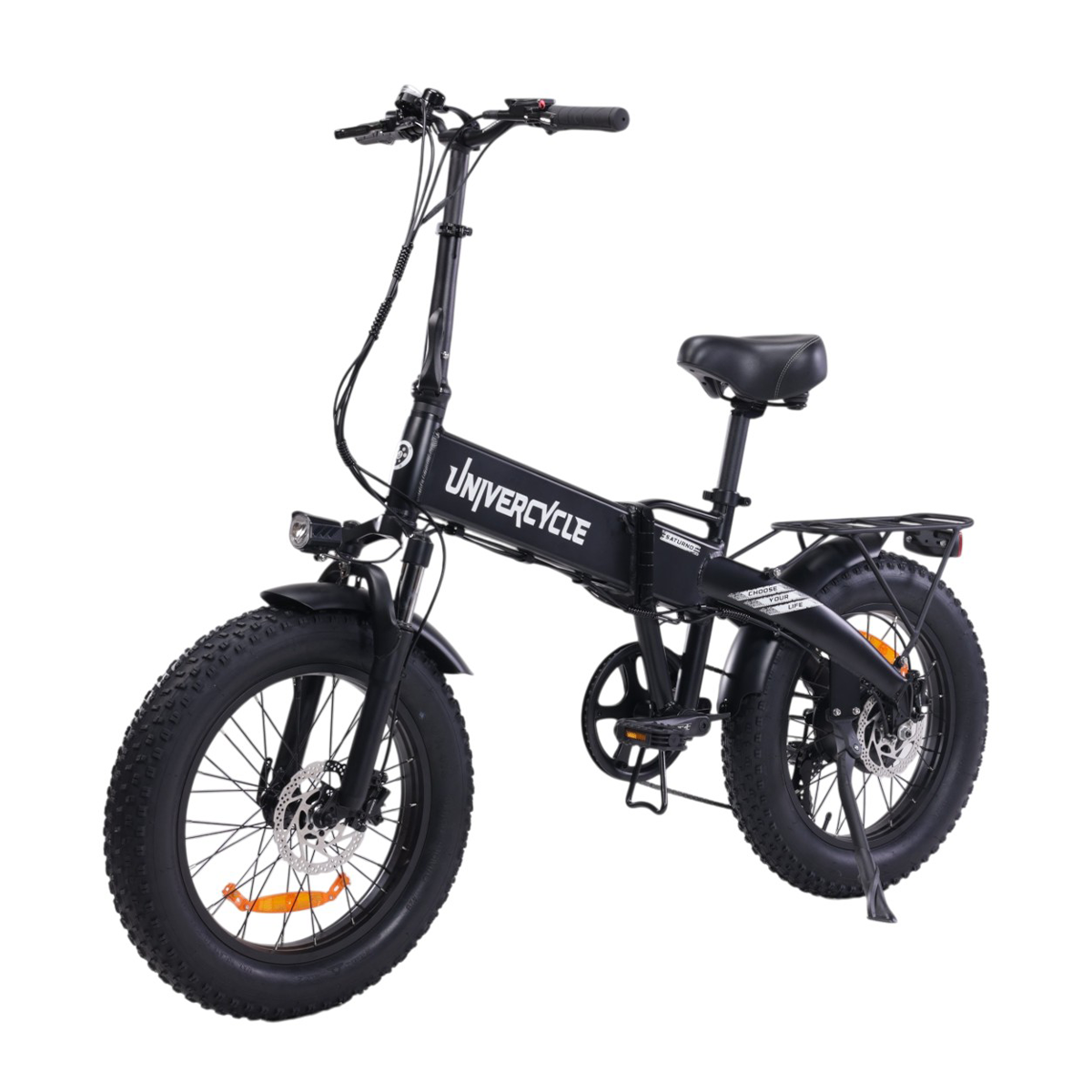 Czarny składany rower elektryczny fatbike z bagażnikiem i światłem.