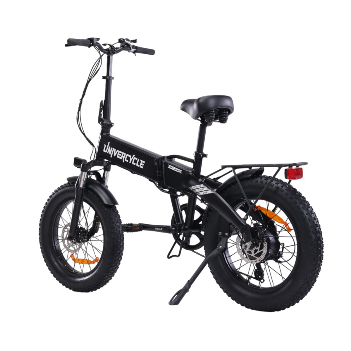 Czarny rower elektryczny typu fatbike z amortyzacją i bagażnikiem.