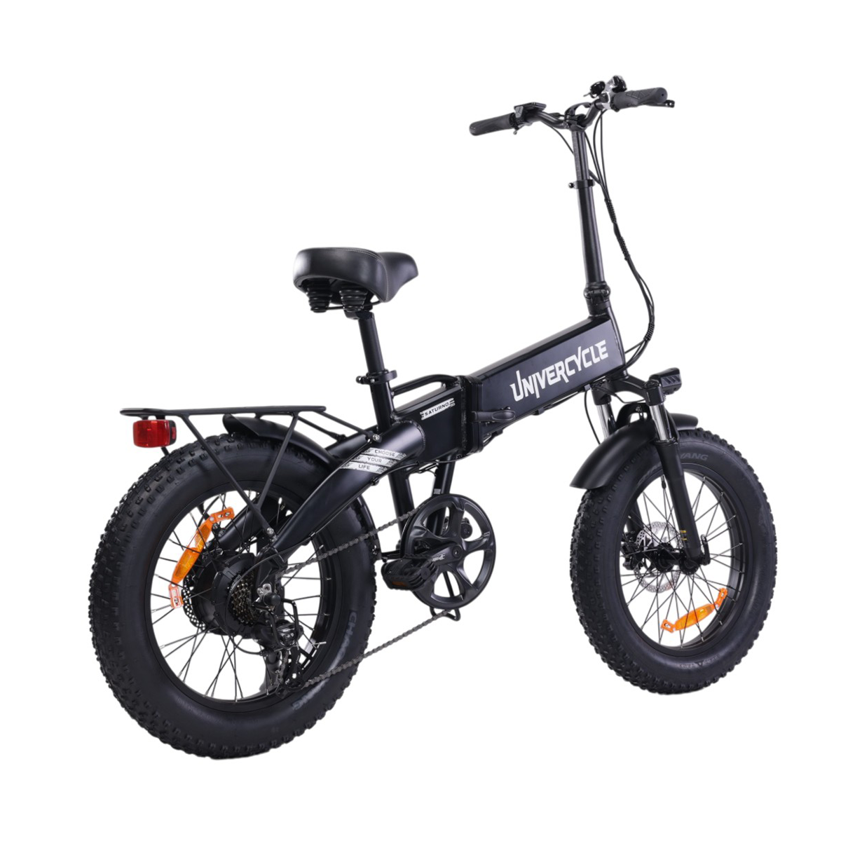 Czarny składany rower elektryczny z grubymi oponami i tylnym bagażnikiem.