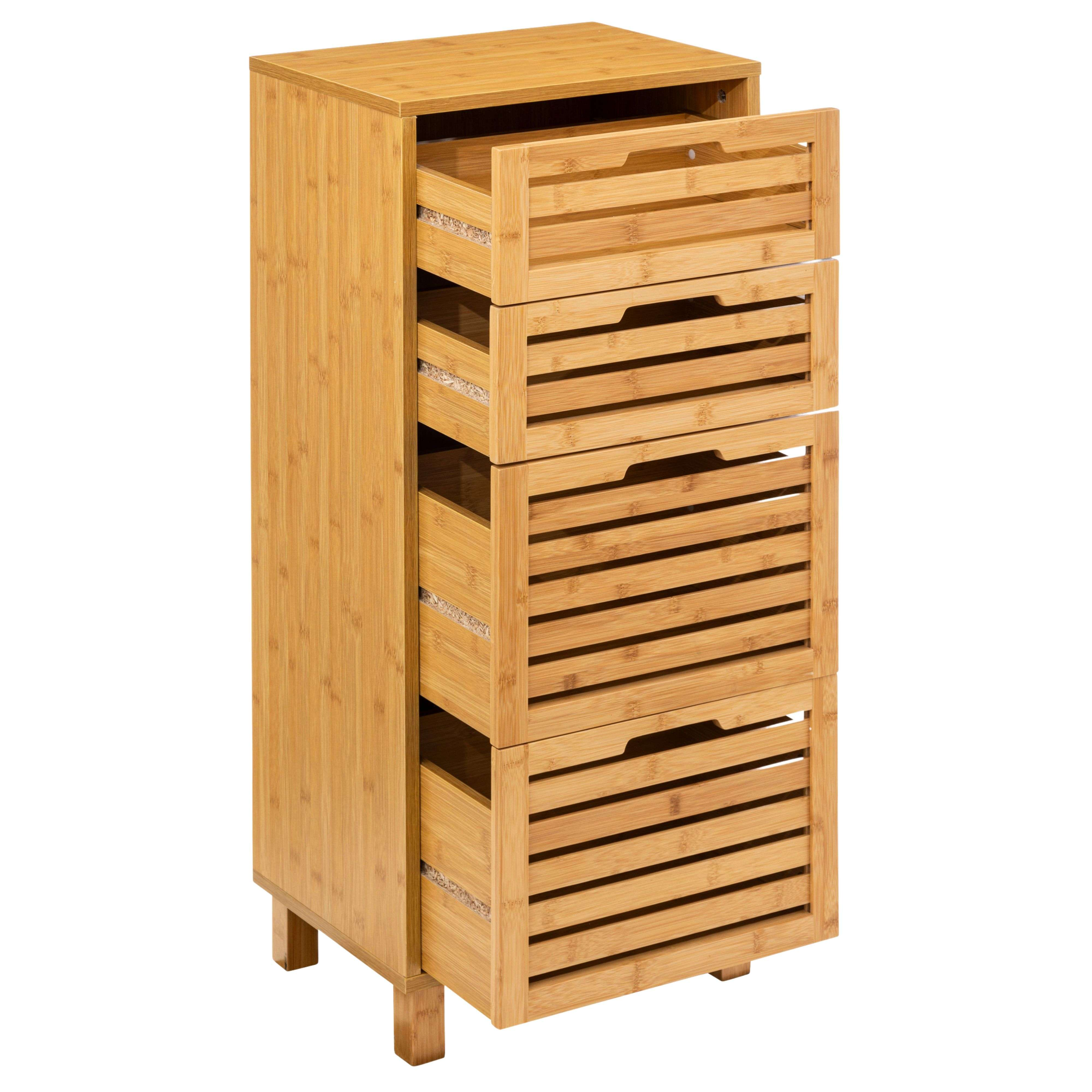 Un mueble estrecho y alto de bambú con cuatro cajones.