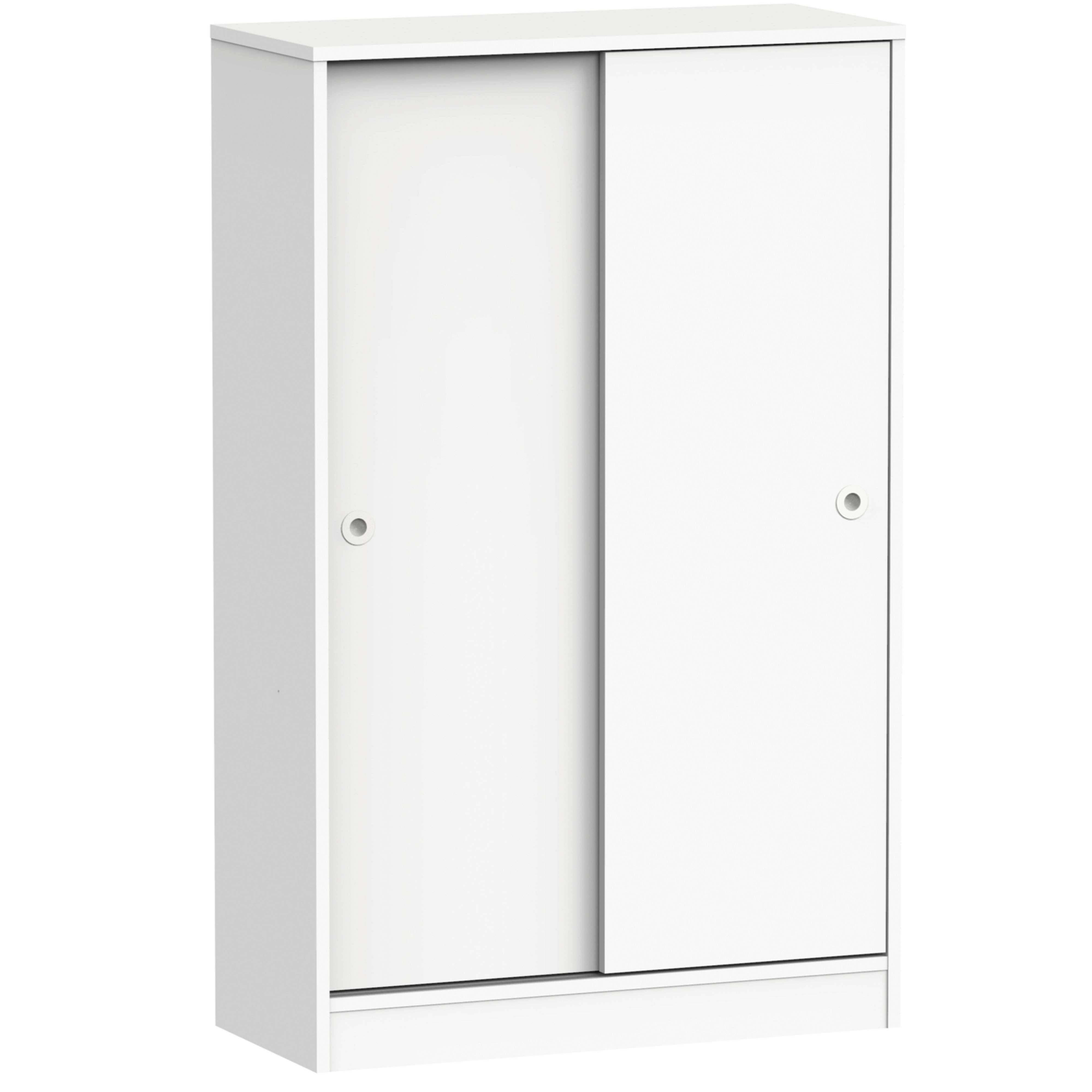 Un armario blanco con dos puertas correderas y tiradores redondos.