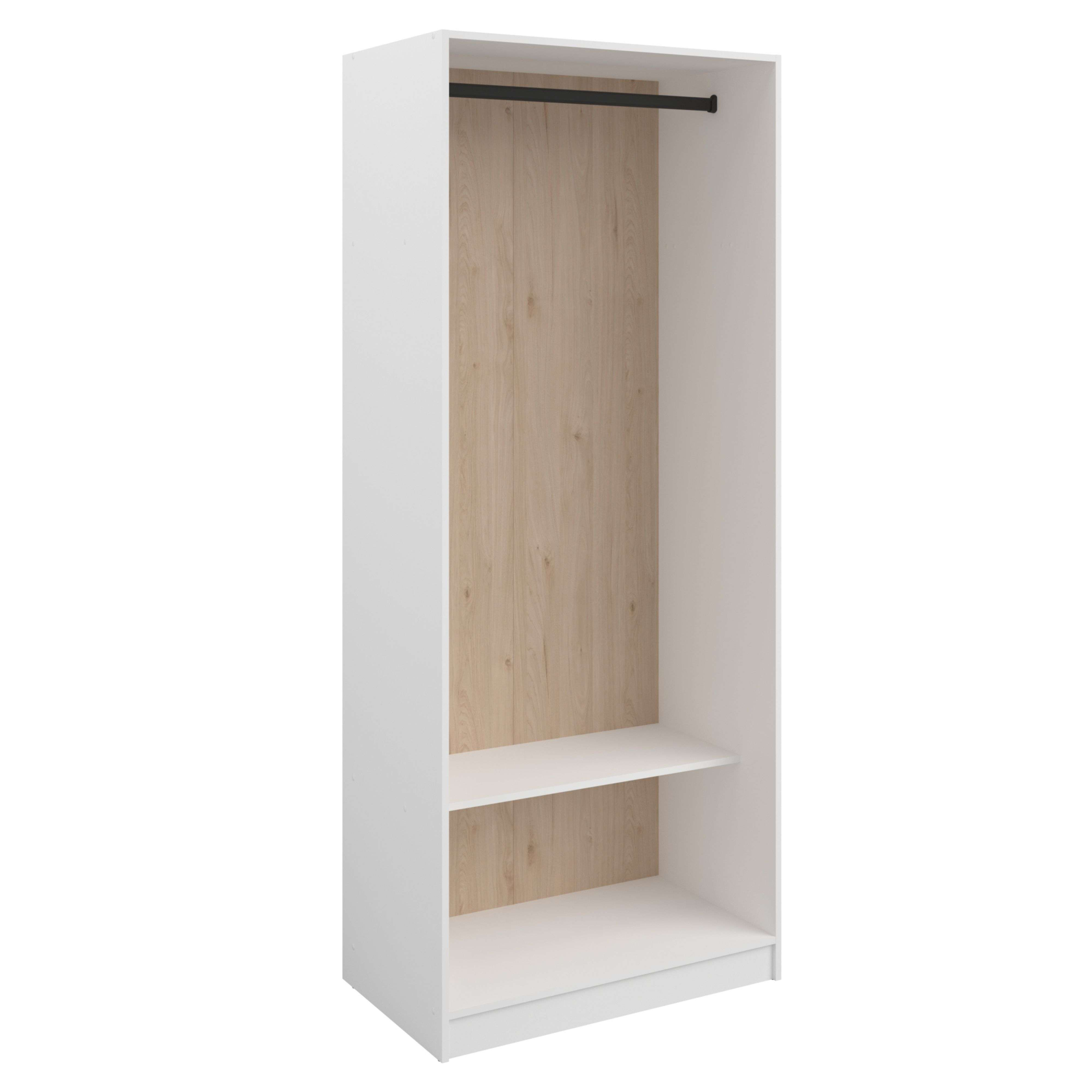 Un armario blanco abierto sin puertas, con barra para colgar y dos estantes.