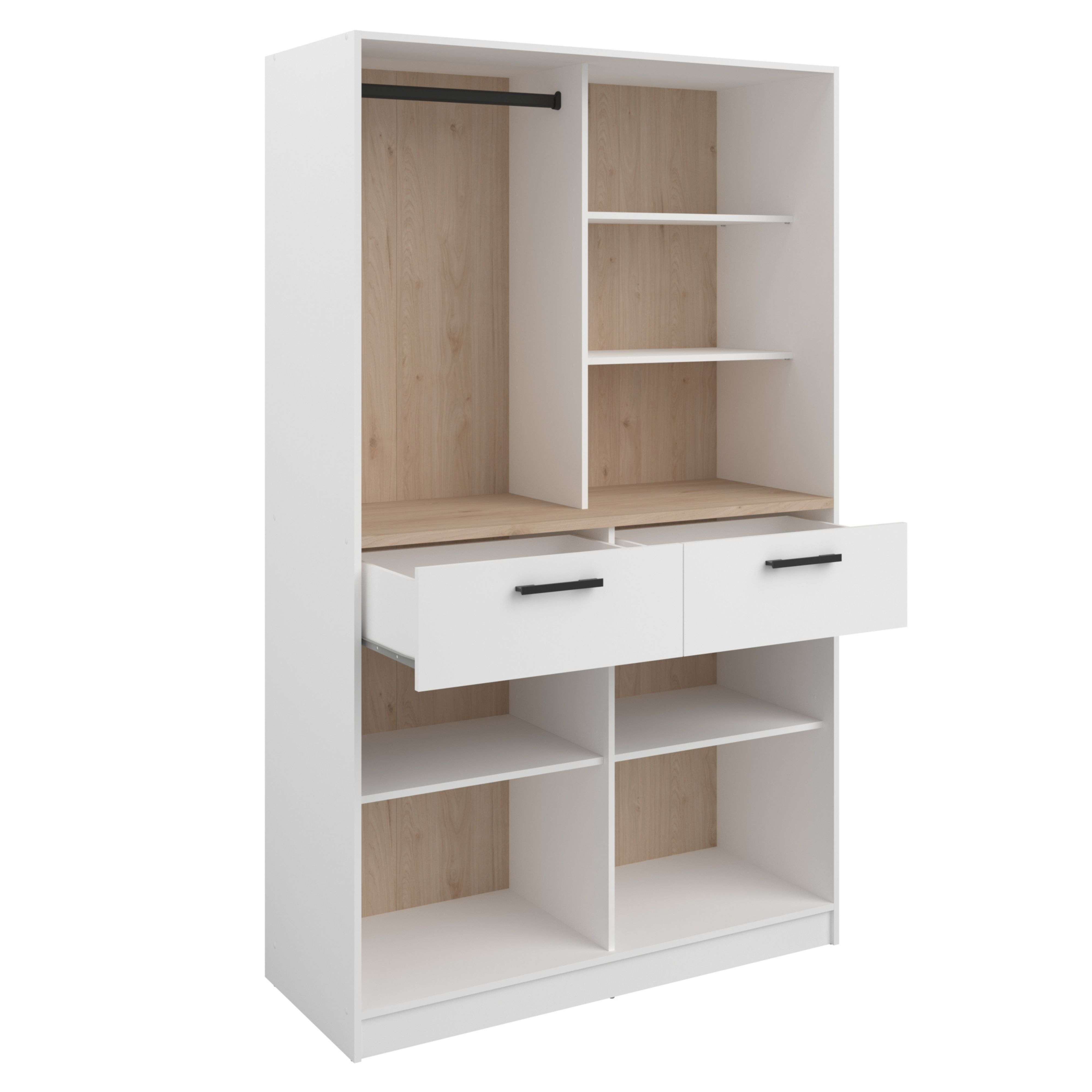 Un armario blanco con detalles de madera y estantes abiertos.
