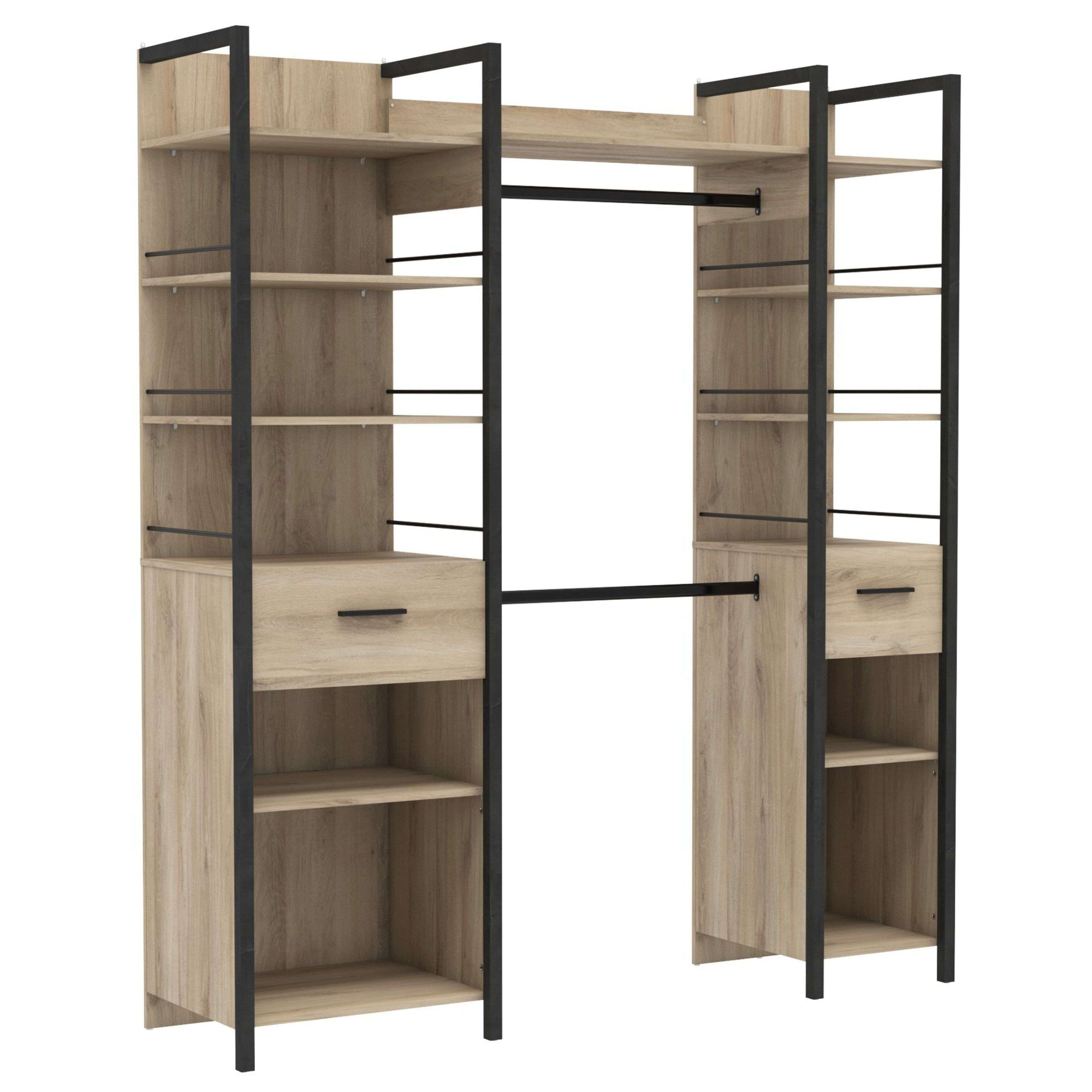 Estantería abierta con acabado imitación madera y marco de metal negro, incluye barra.