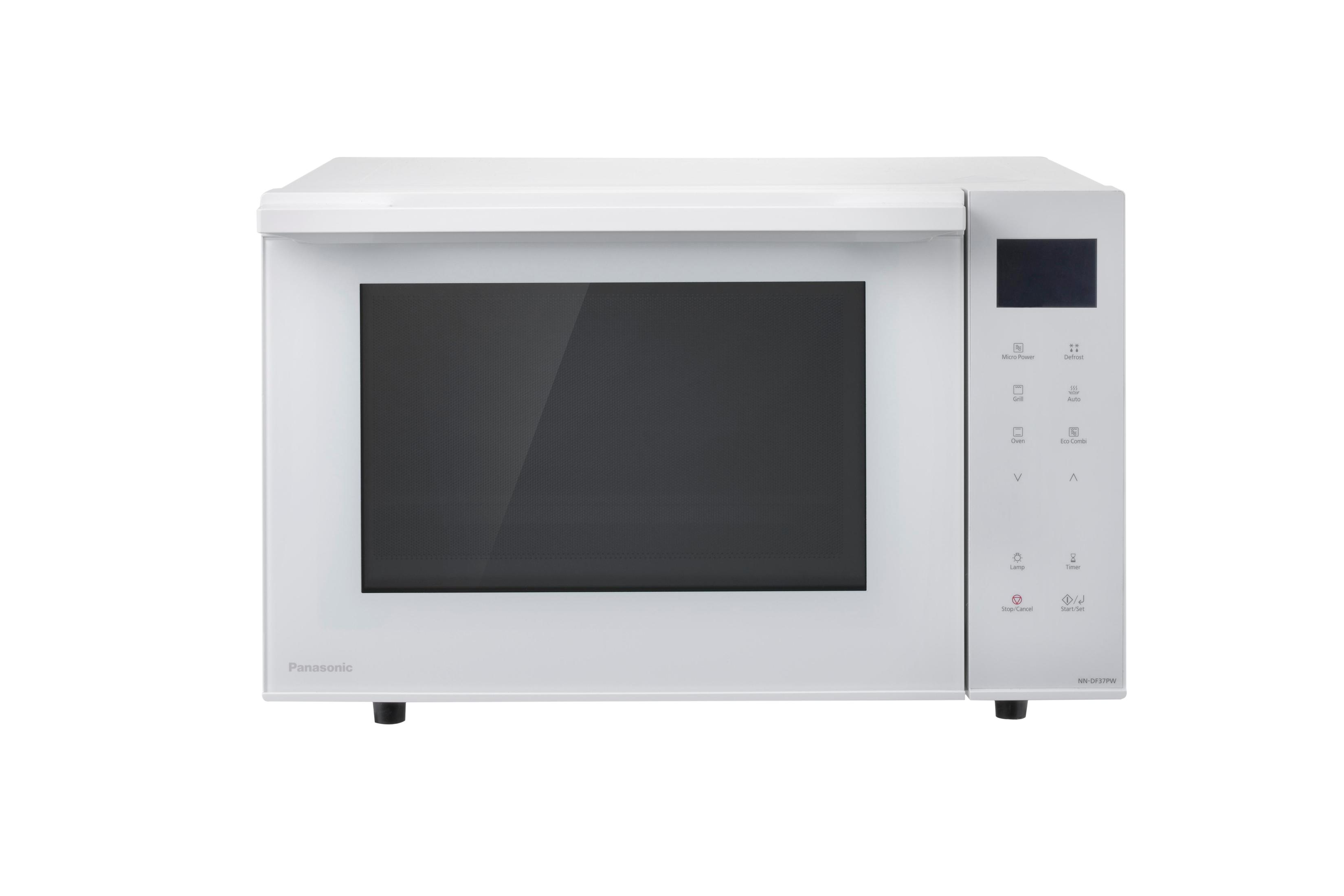 Biaa kuchenka mikrofalowa Panasonic z czarnymi drzwiami i panelem sterowania.