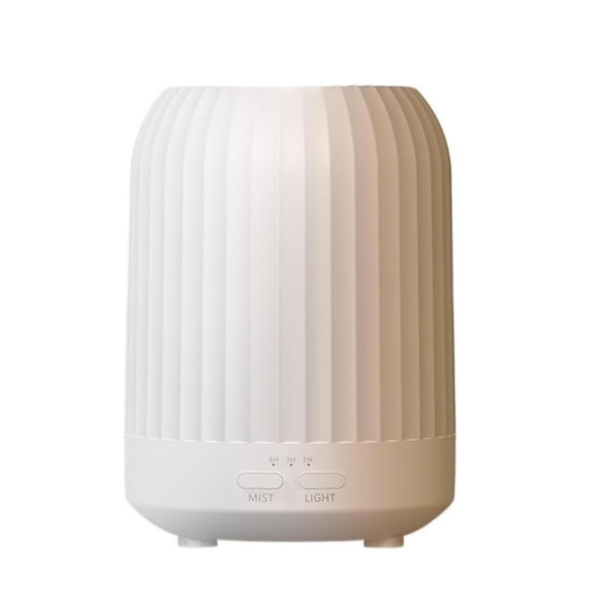 Ein weißer Diffusor mit geripptem Design und Bedientasten unten.