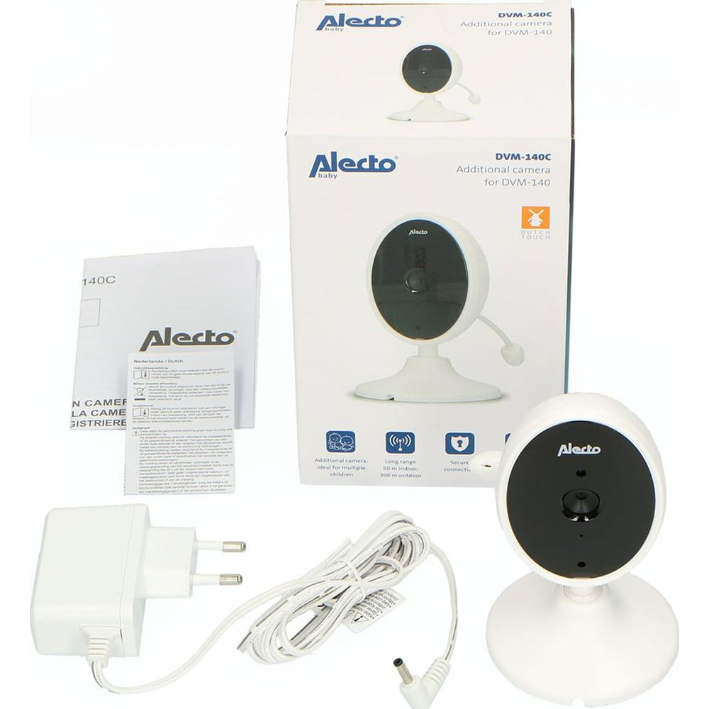 Ein weißer Alecto Baby Monitor mit Verpackung und Zubehör.
