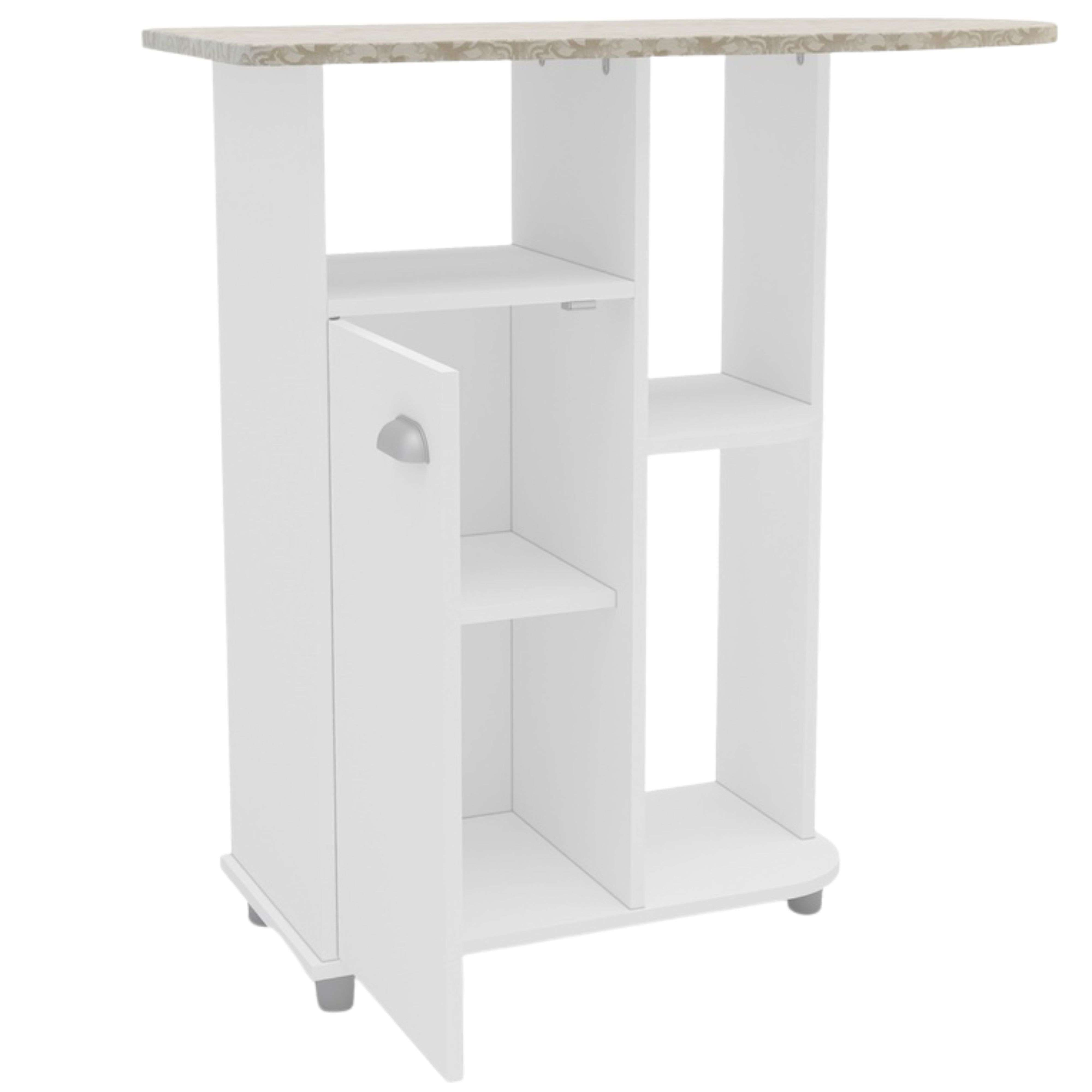 Un mueble auxiliar blanco con una puerta abierta y estantes.