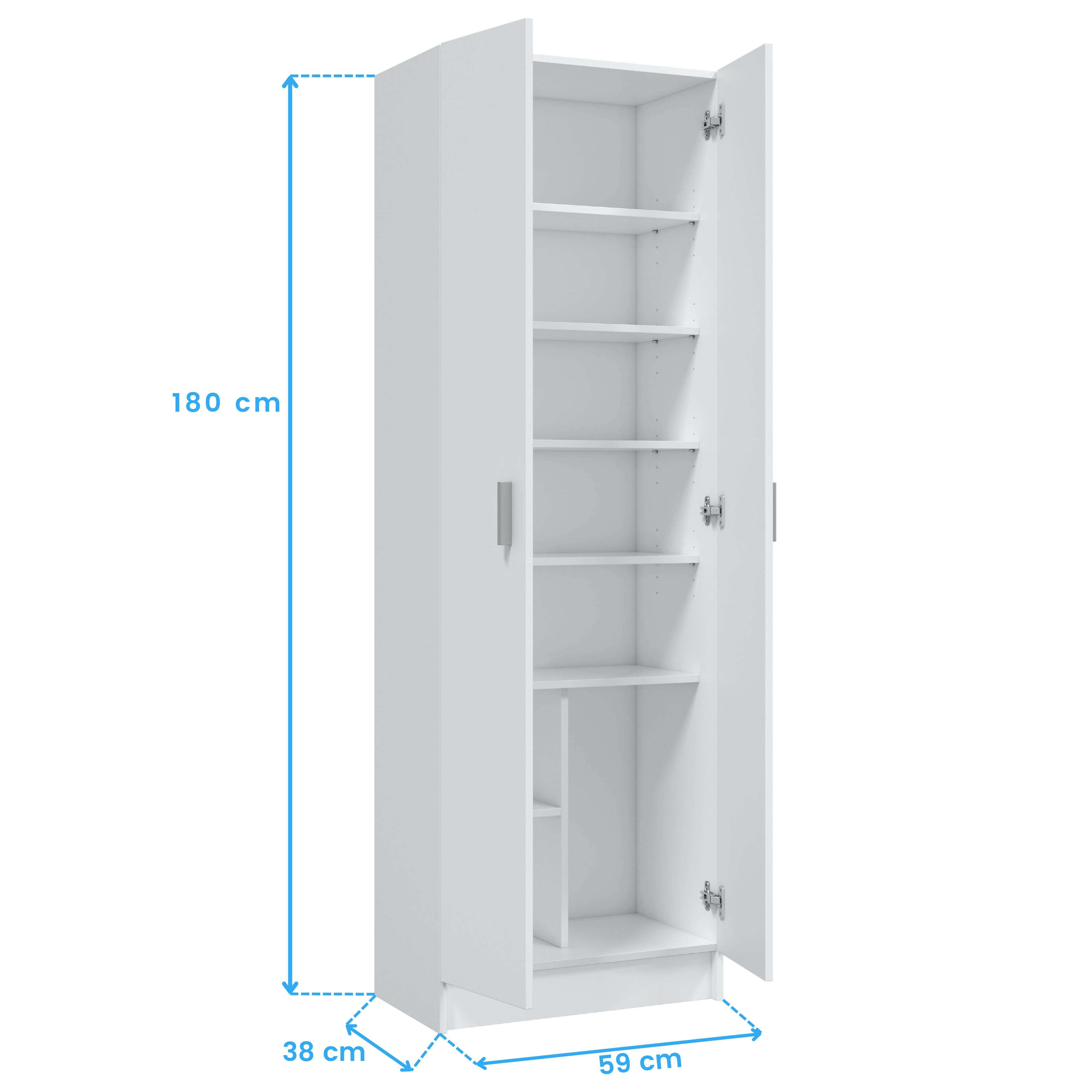 Un armario alto y blanco con puertas abiertas y estantes. Dimensiones: 180x59x38 cm.